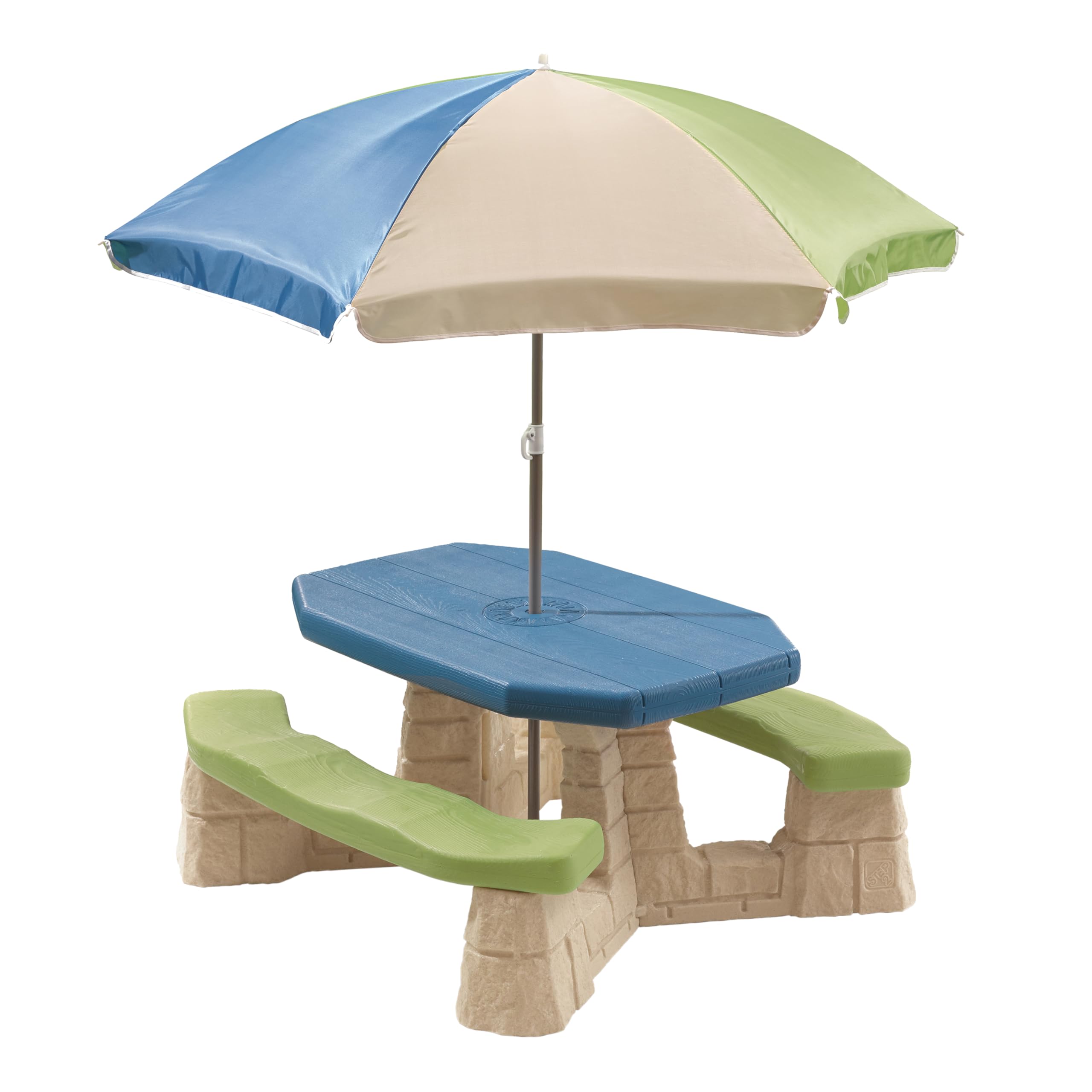 Step2 Kids Picnic Table Naturally Playful with Removable Umbrella, Indoor/Outdoor Toys, Fits 6 Children, Made of Durable Plastic, For Toddlers 3+ Years Old, Blue & Green