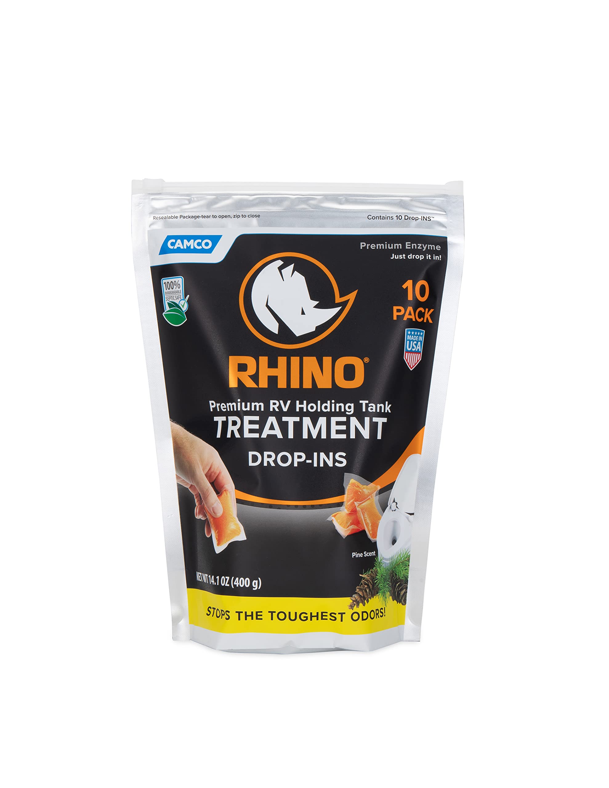 RhinoFLEX Camco Premium Enzyme RV Holding Tank Treatment Drop-INs | Features a Biodegradable Septic Safe Formula, a Pine Scent, and is Ideal for RVing, Boating, and More | 10 Count (41519)