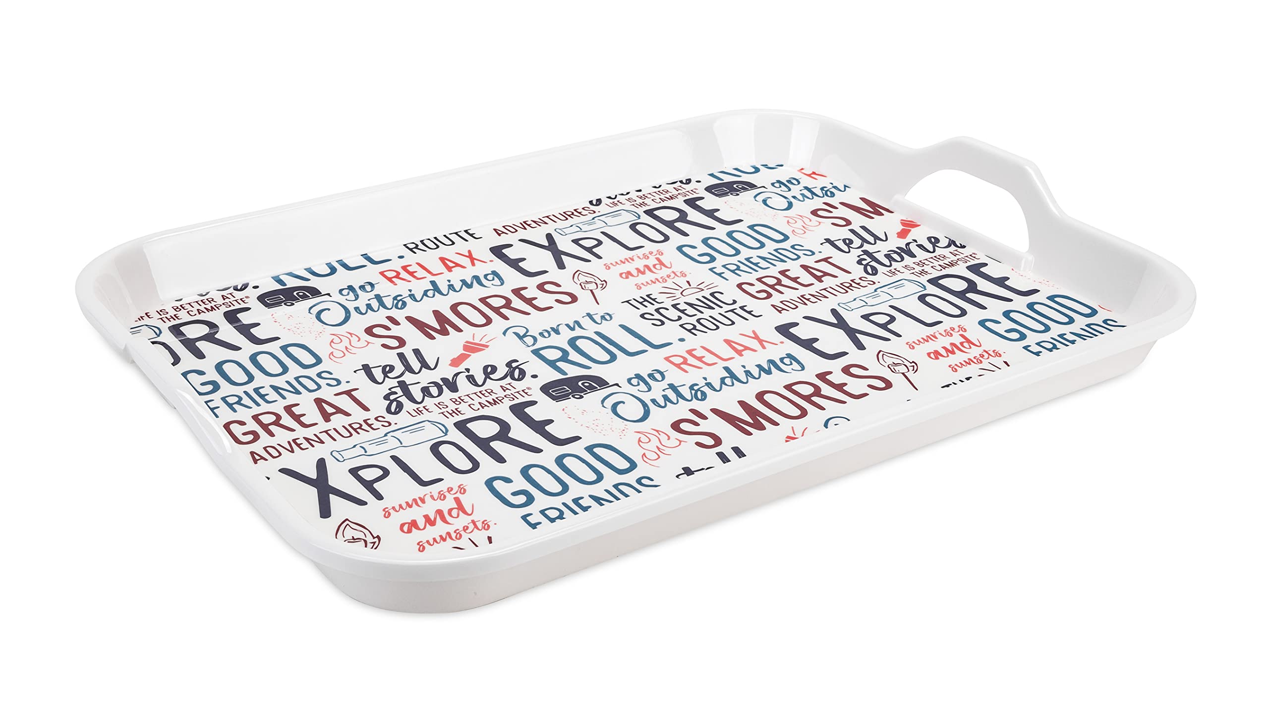 Camco Melamine RV Serving Tray is Better at the Campsite Life - Features Camping/RV Themed Design - Great for Kitchen Prep, Picnics, Grilling, and More - Serving Platter is Dishwasher Safe (53486)