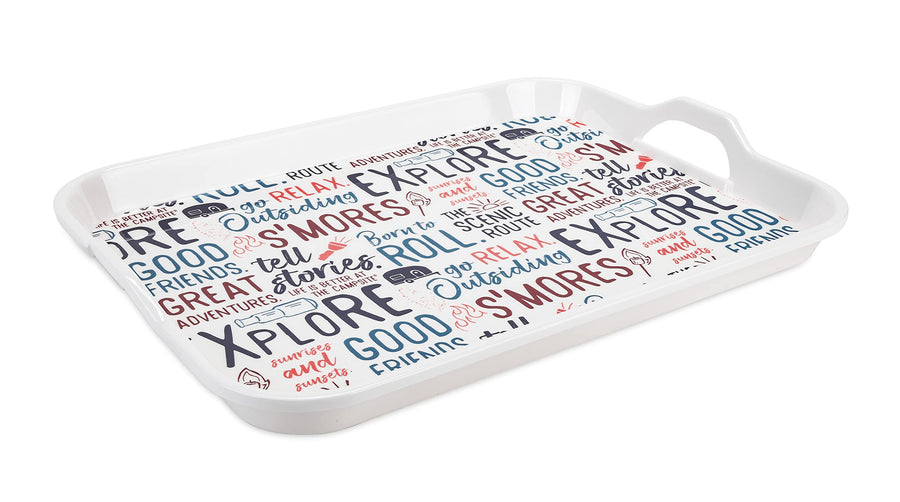Camco Melamine RV Serving Tray is Better at the Campsite Life - Features Camping/RV Themed Design - Great for Kitchen Prep, Picnics, Grilling, and More - Serving Platter is Dishwasher Safe (53486)