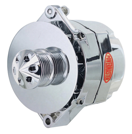 Alternator Powermaster 37294-311 Chrome (12SI 150A 6 Groove Pulley Baffle & Cone 1 or 3 Wire)
