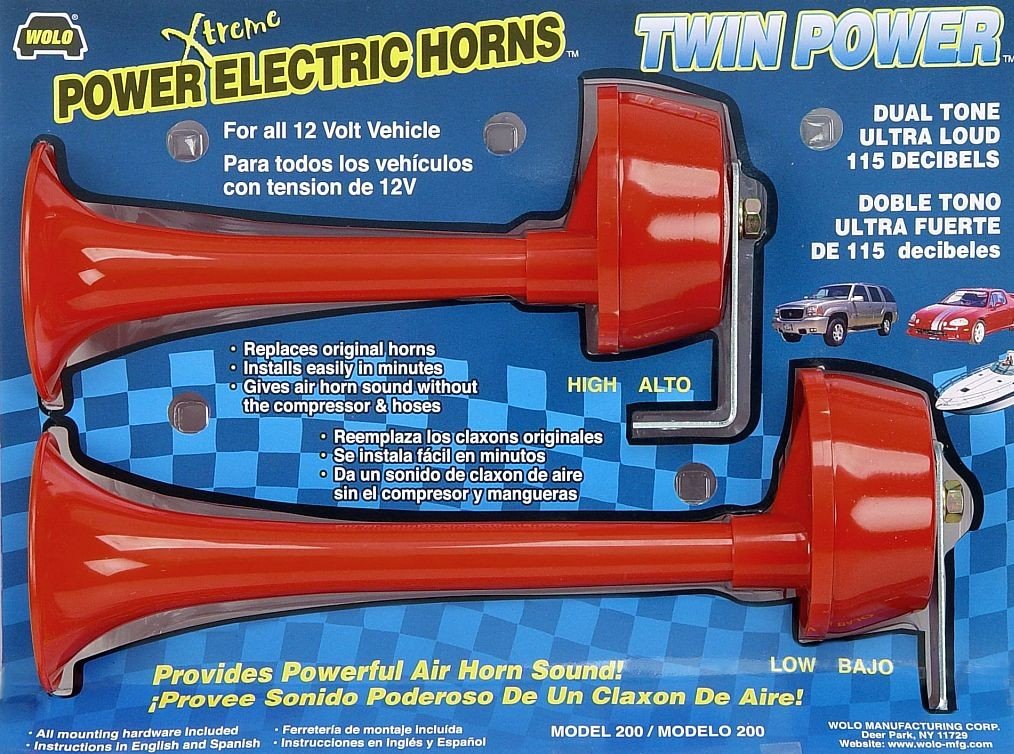 Twin Power Wolo (200) Red Plastic Trumpet Horns - 12 Volt, Low and High Tone