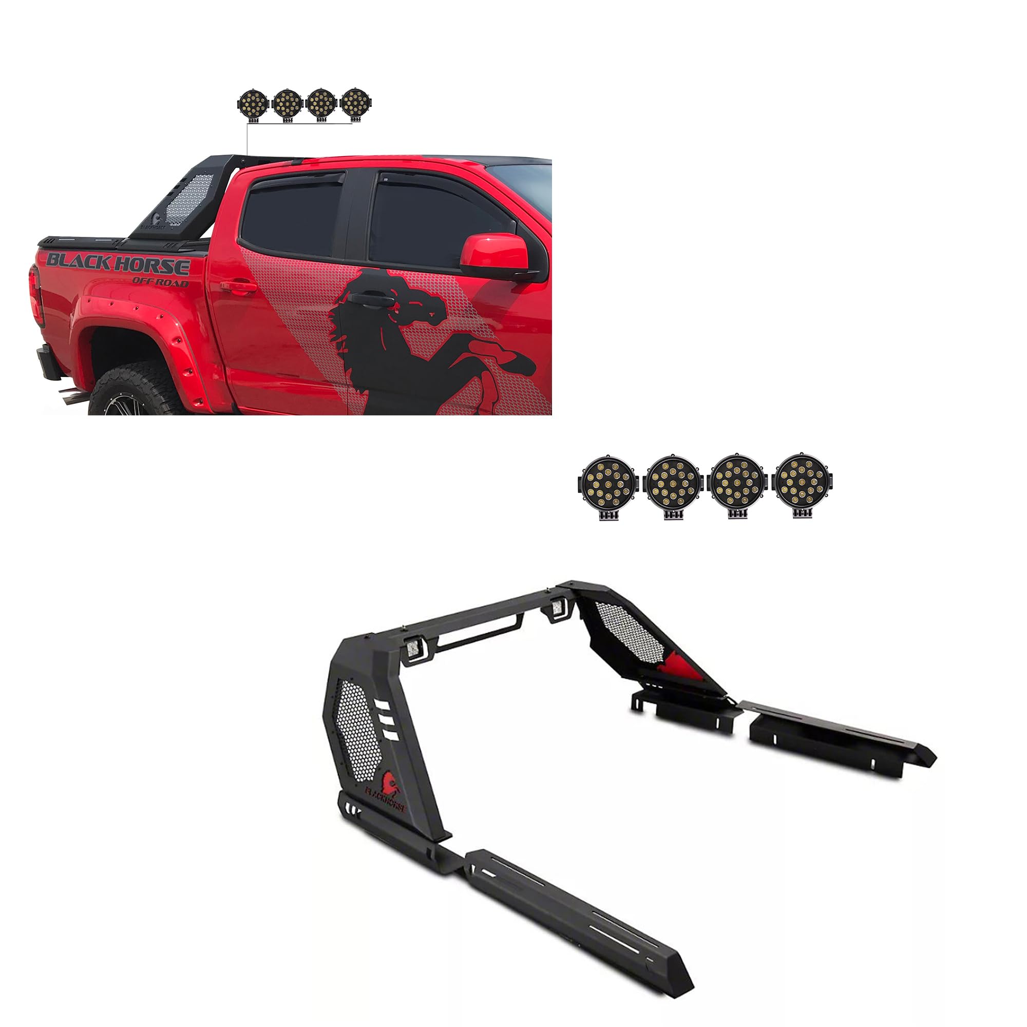 Vigor Roll Bar Black Horse incl. Pair of 7.0" Dia. LED Lights w/Black Trim Rings Modular Black Compatible with 2015-2024 Chevrolet Colorado|2015-2024 GMC Canyon-VIRB05B-PLB