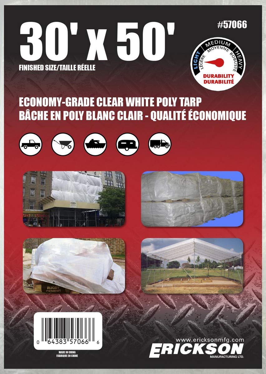 Clear White Economy Grade Poly Tarp Erickson, 30' x 50', 1 Pack