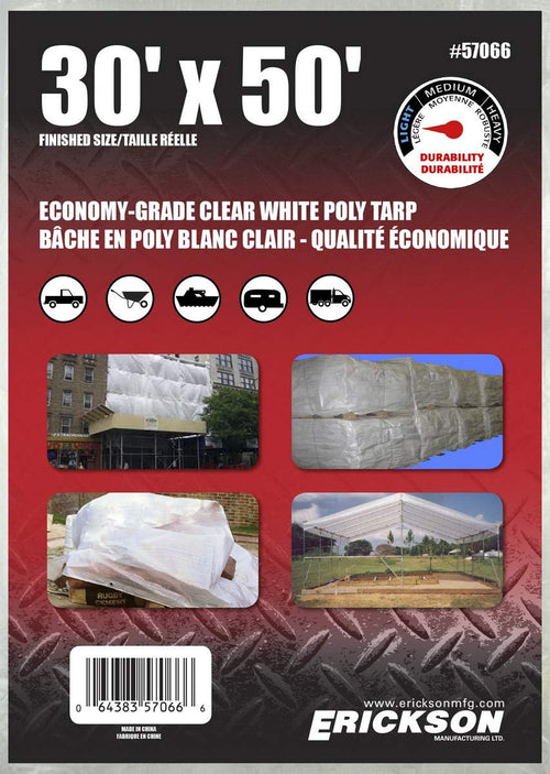 Clear White Economy Grade Poly Tarp Erickson, 30' x 50', 1 Pack