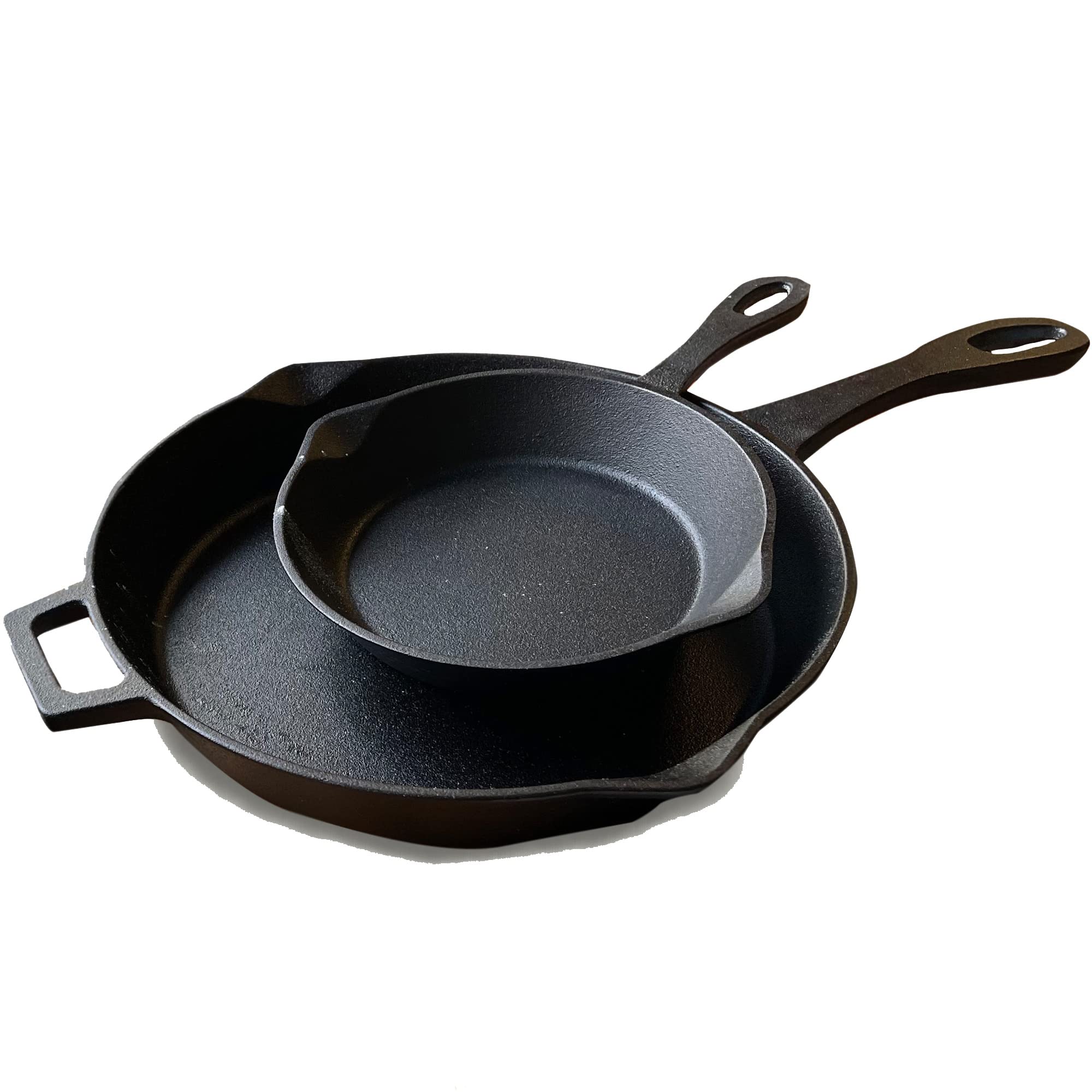 Bayou Classic Skillet Set Cast Iron Includes Pre-Seasoned 8-in and 12-in Handled Skillets with Pour Spouts Perfect For Pan Frying, Sautéing and Baking