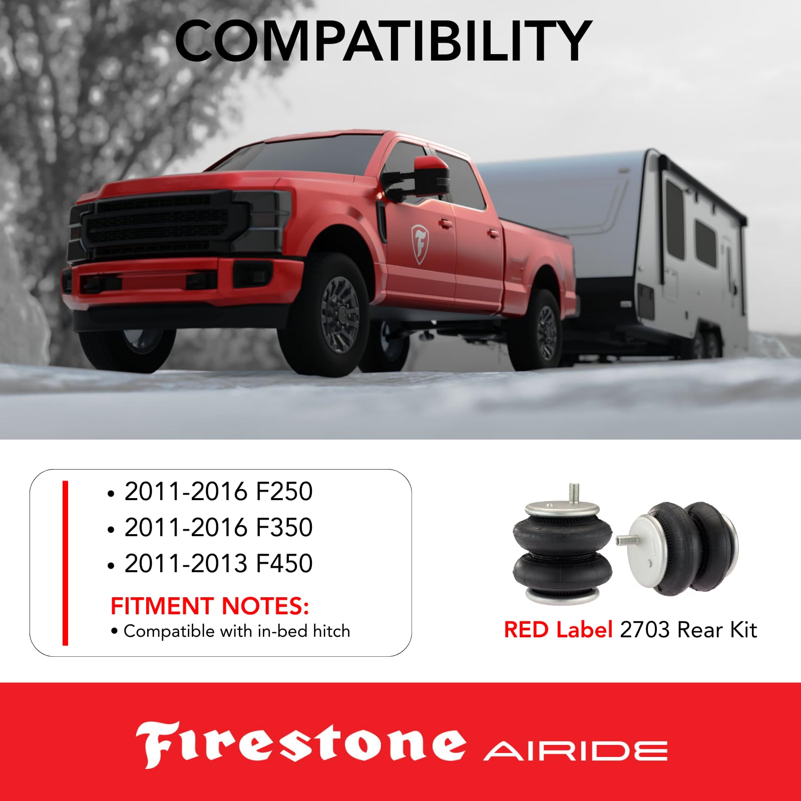 Firestone 2703 Airide Red Label Rear Springs Kit fits 2011-2016 F250 F350 and 2011-2013 F450 | 5-150 PSI | No Drill Installation | Load Capacity of 7,500 Pounds