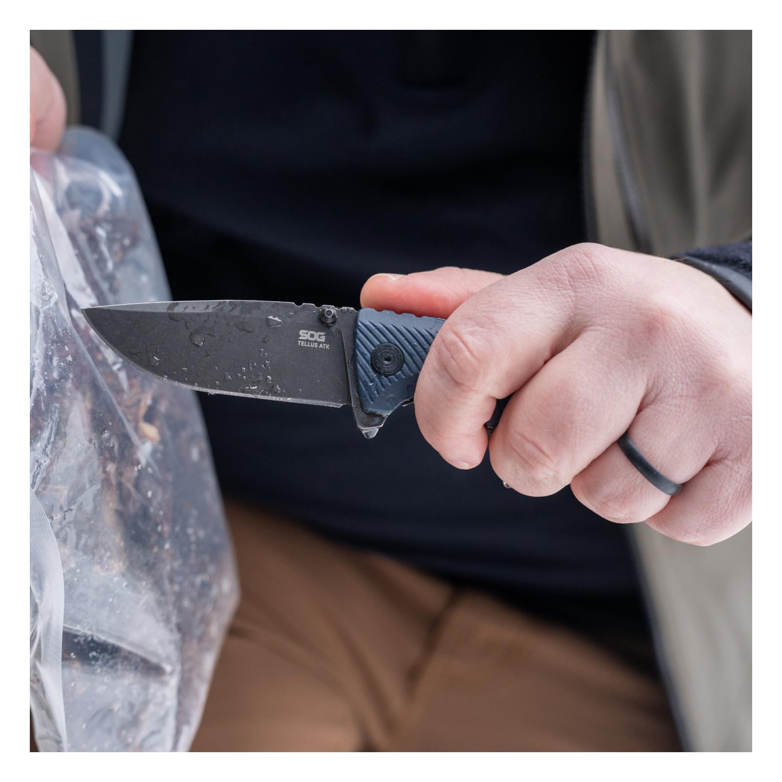SOG Tellus ATK Folding Knife | Ambidextrous GRN Handle | CRYO 440C Stainless Steel Blade | Adjustable Belt Clip, Squid Ink/Yellow Outdoor Assisted Opening Frame Lock