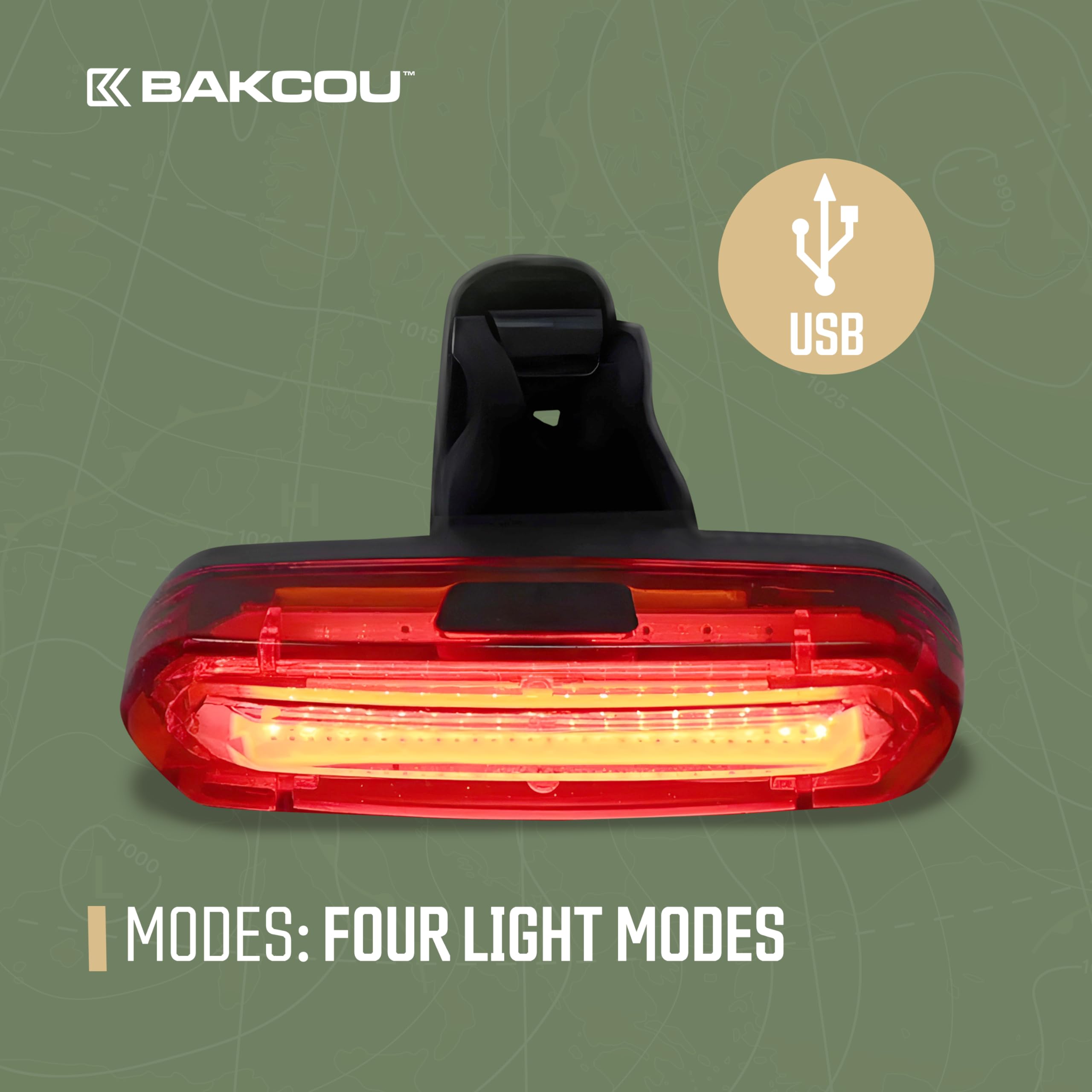 Rechargeable Bakcou Tail Light - 120 Lumens, 15-Hour Battery, Weatherproof, Stretchy Silicone Band, 4 Light Modes, Ultra-Bright LEDs