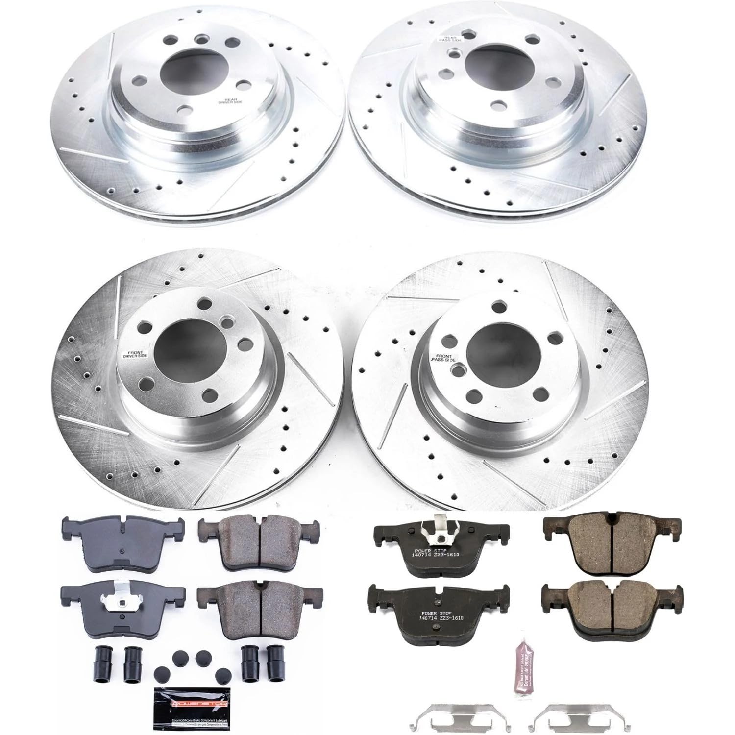 Power Stop K7936 Z23 Carbon Fiber Brake Pads Front and Rear with Drilled Slotted Brake Rotors Kit and 1 Front & 1 Rear Sensor Wires For BMW 328i xDr, 428i Gran Co, 428i xDrive Gran C [Model Specific]