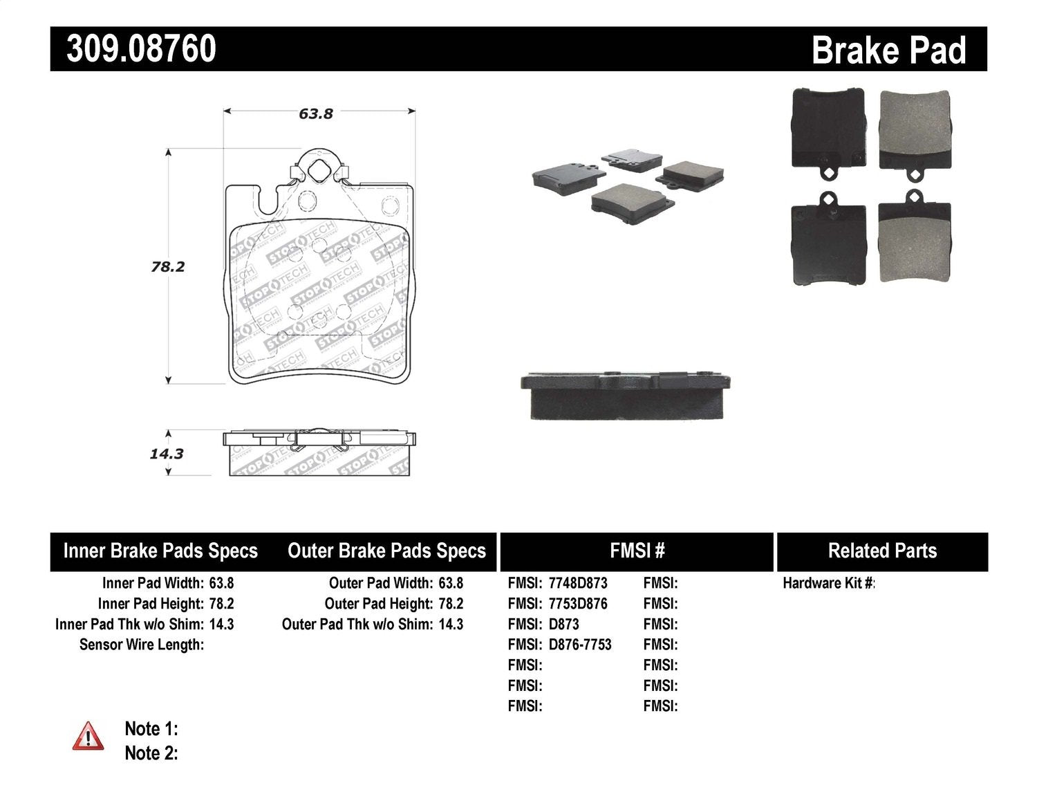 Sport Brake Pads StopTech 309.08760 with Shims and Hardware