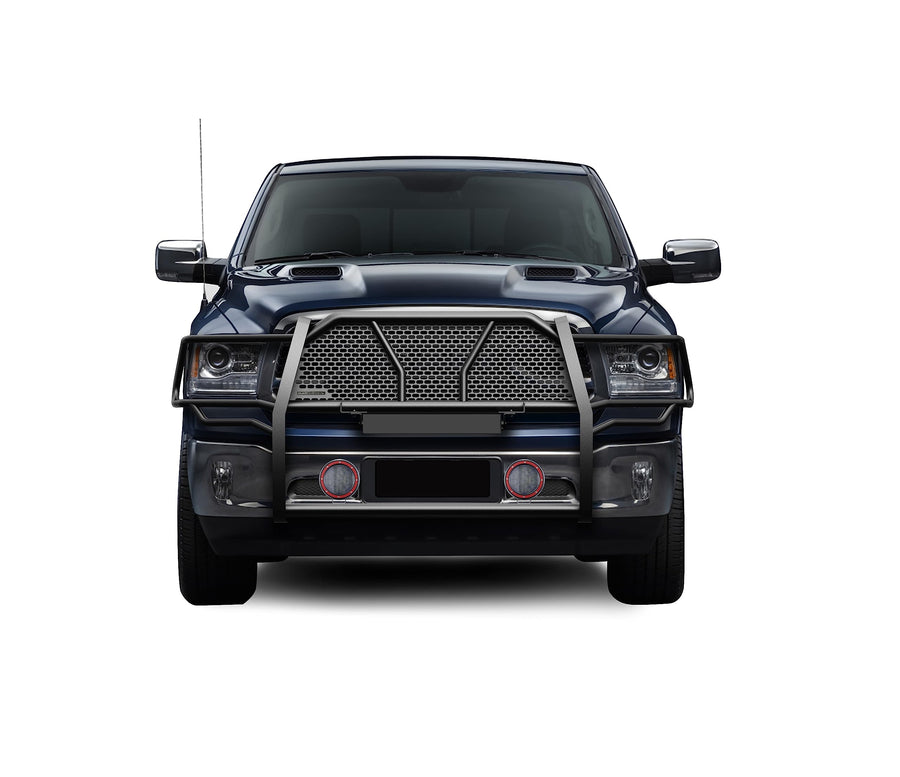 RUGGED Black Horse Heavy Duty Grille Brush Bumper Guard Modular Black Come With Pair of 5.3"LED Light with Red Trim Ring Compatible with 2019-2024 Ram 1500 Classic|2009-2018 Ram 1500-RU-DORA09-B-PLFR