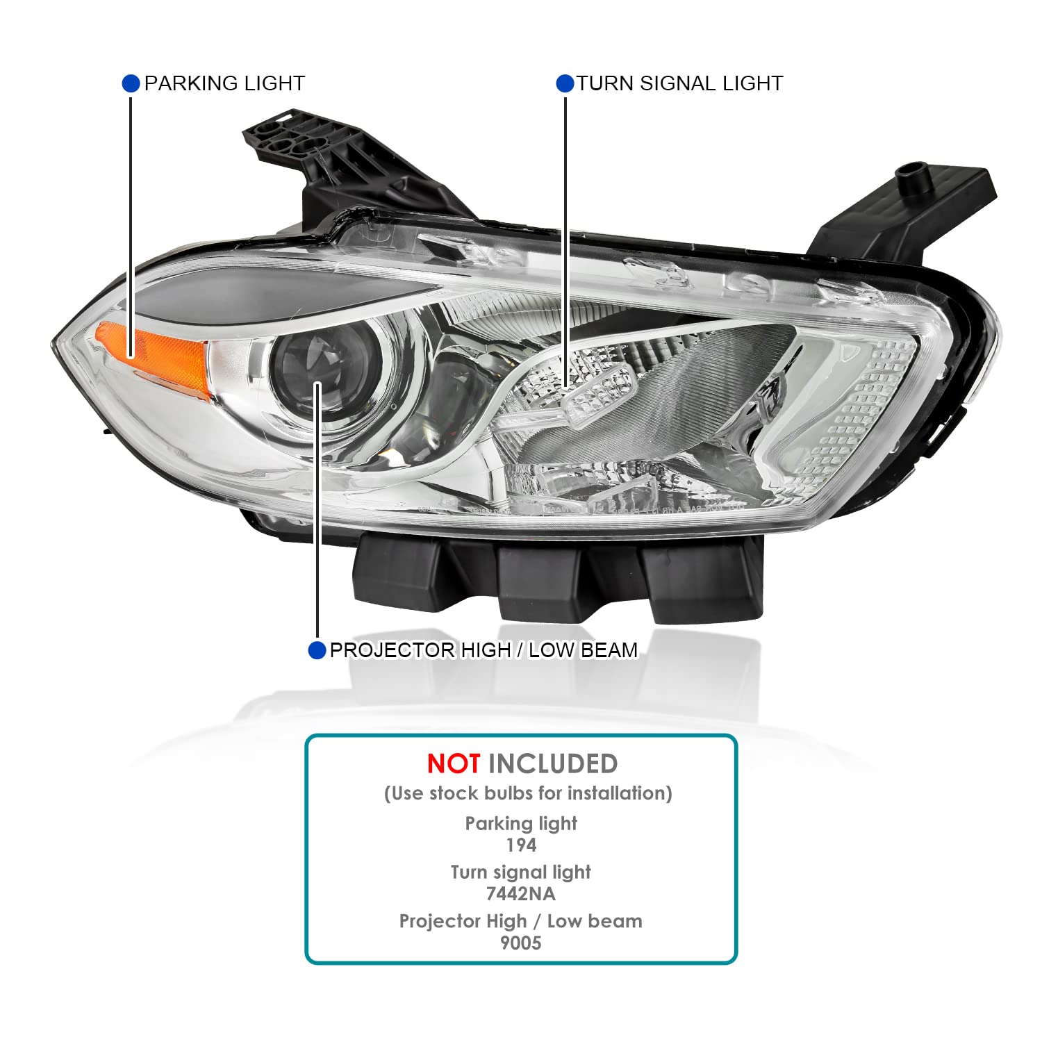 Chrome Projector Headlights SPEC-D TUNING Compatible with 2013-2016 Dodge Dart Factory Halogen, Left + Right Headlamps Assembly