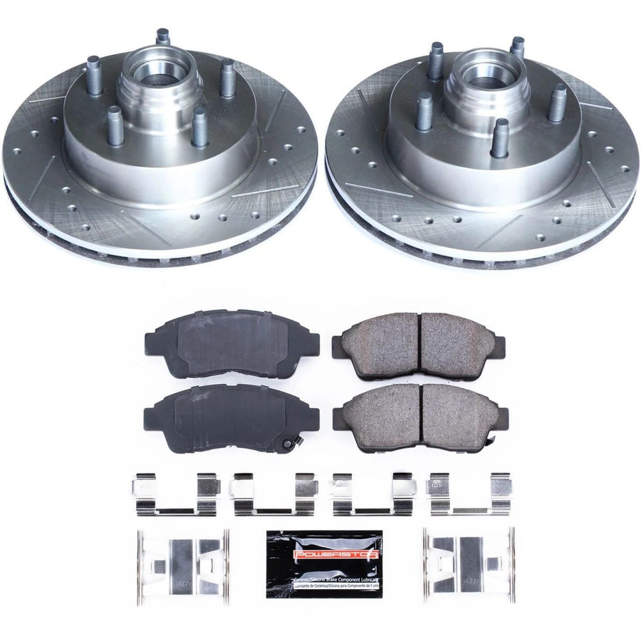Power Stop K5083 Z23 Carbon Fiber Brake Pads with Drilled & Slotted Brake Rotors Kit For Ford Ranger 1998-2002, Mazda B4000 1998-2000 [Model Specific]
