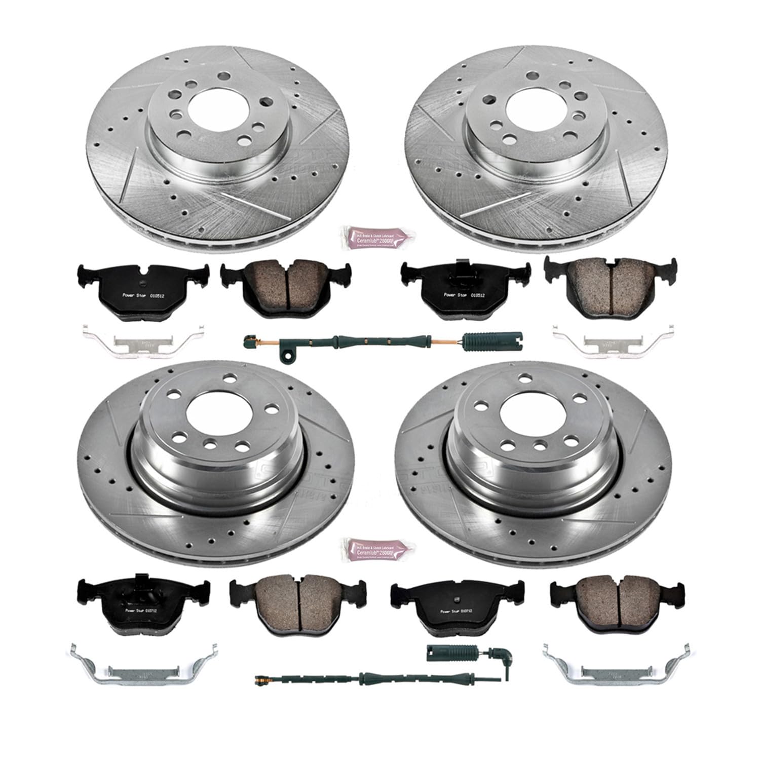 Power Stop K5719 Z23 Carbon Fiber Brake Pads Front and Rear with Drilled & Slotted Brake Rotors Kit and 1 Front & 1 Rear Sensor Wires For BMW X5 2004-2006 [Model Specific]