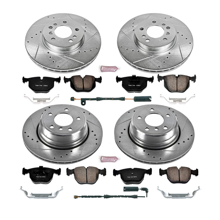 Power Stop K5719 Z23 Carbon Fiber Brake Pads Front and Rear with Drilled & Slotted Brake Rotors Kit and 1 Front & 1 Rear Sensor Wires For BMW X5 2004-2006 [Model Specific]