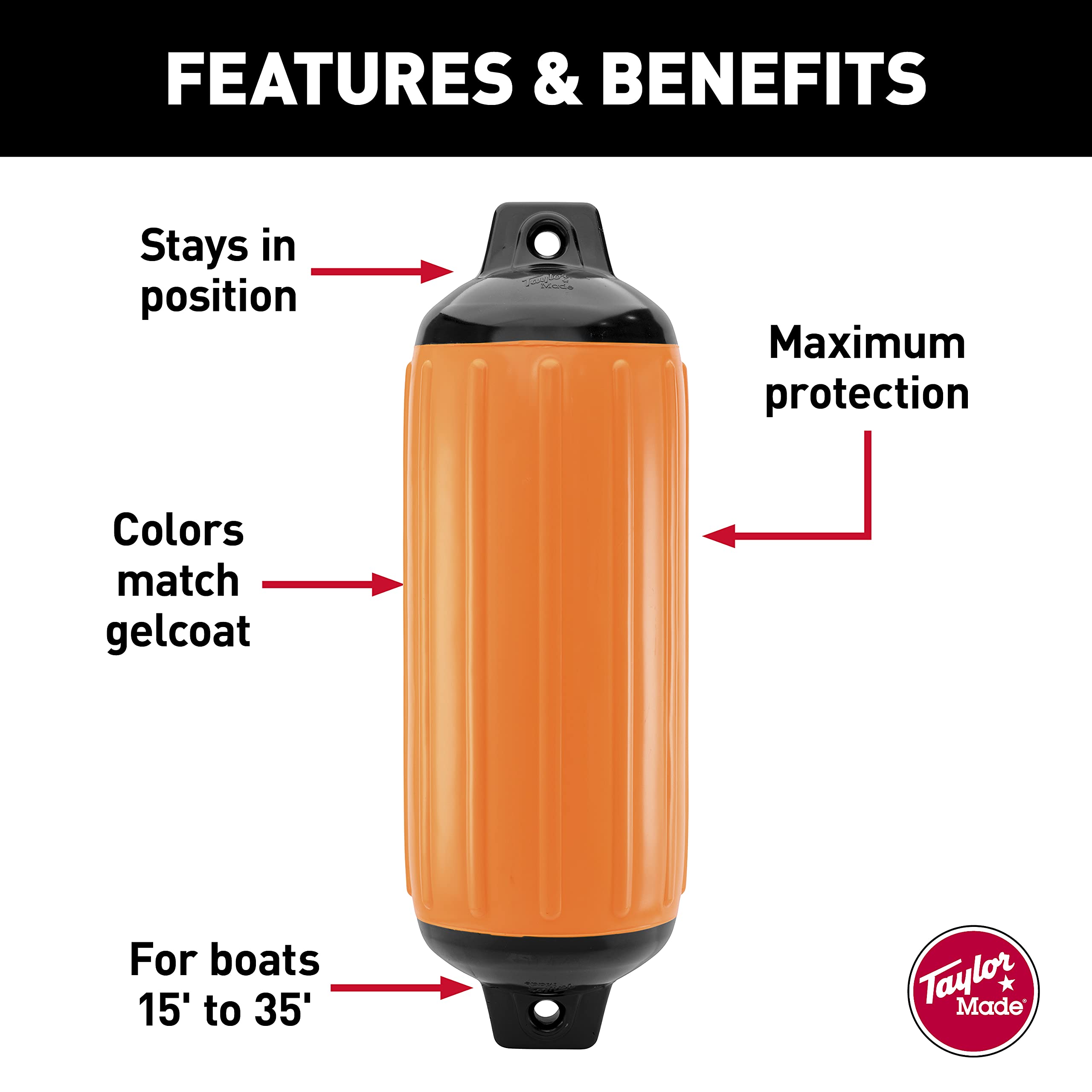 Taylor Made Super Gard Boat Fender, Double-Molded Ends Blaze Orange (6.5" x 22"), Ribbed Technology to Minimize Roll, Rubber Football Needle Inflation Valve, Marine-Grade Vinyl, 5/8" Eyelets - 730622