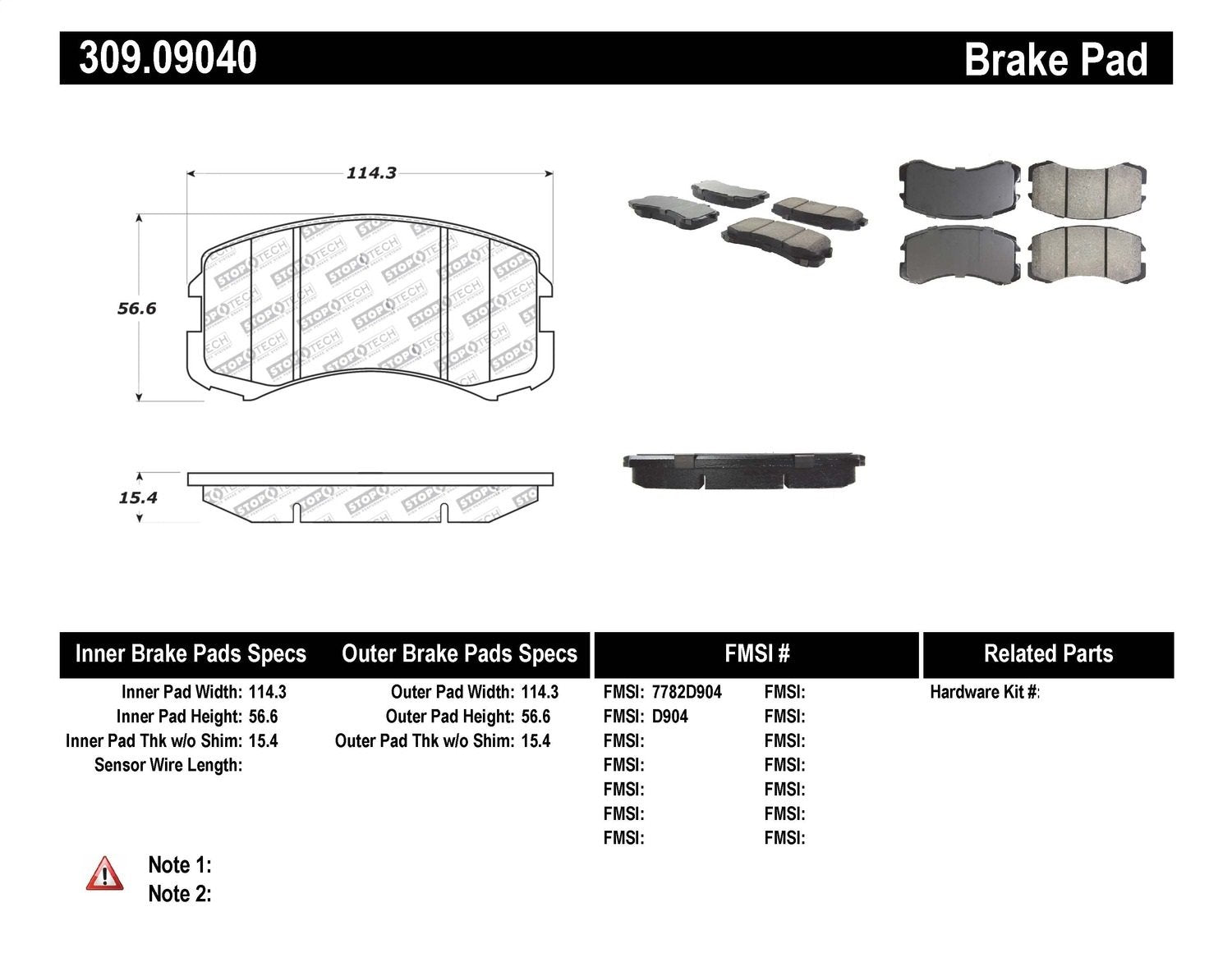 Sport Brake Pads StopTech 309.09040 with Shims and Hardware