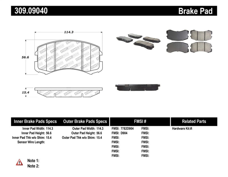 Sport Brake Pads StopTech 309.09040 with Shims and Hardware