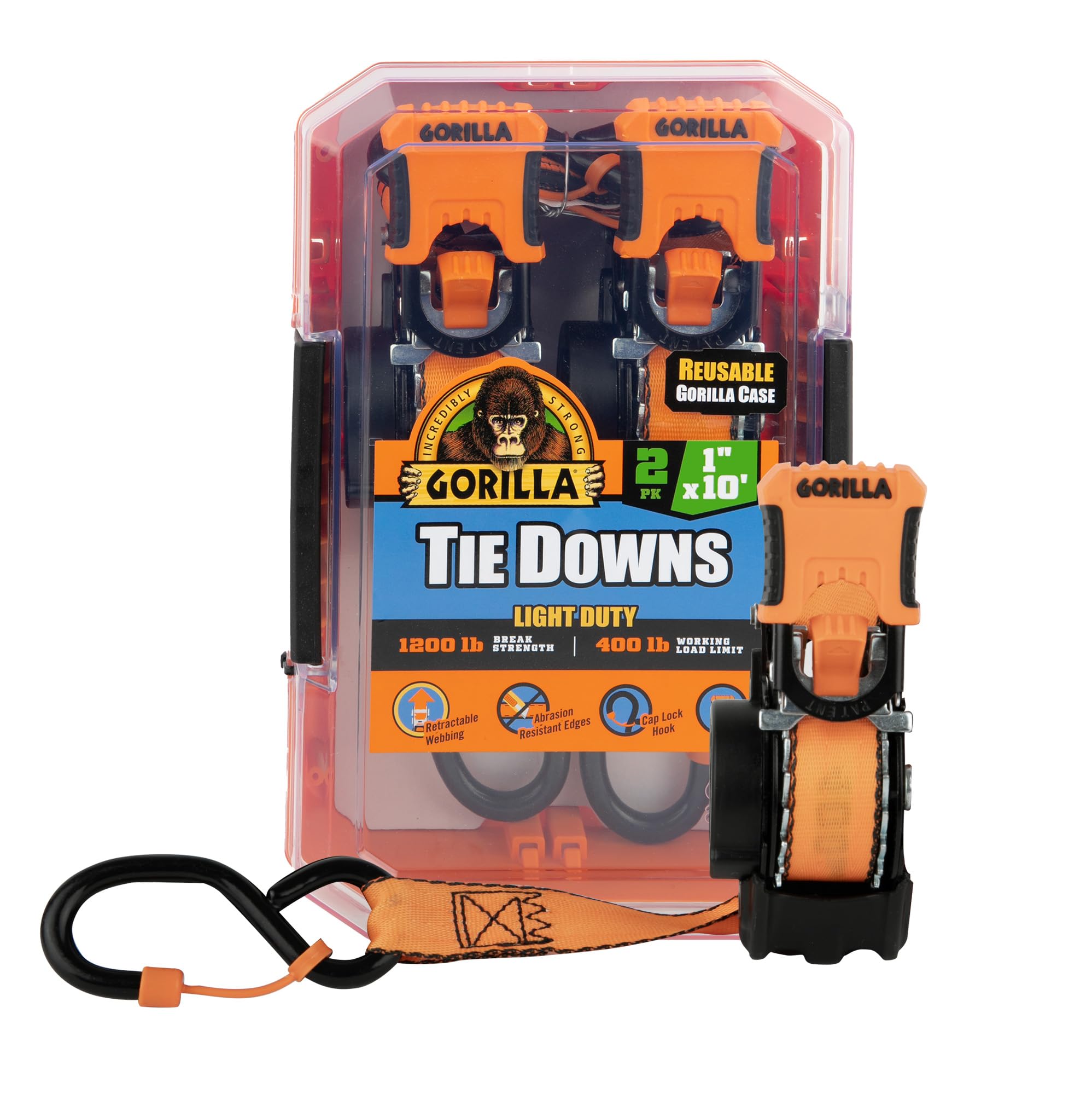 Gorilla Tie Down Ratchet Straps (2Pack) 1in x 10ft 1200lb Break Strength, Self-Locking Retractable, Heavy-Duty Orange Webbing, Gorilla-Grip Handles, Cap Locks, E-Coated Ratchets, Vinyl Hooks for Cargo