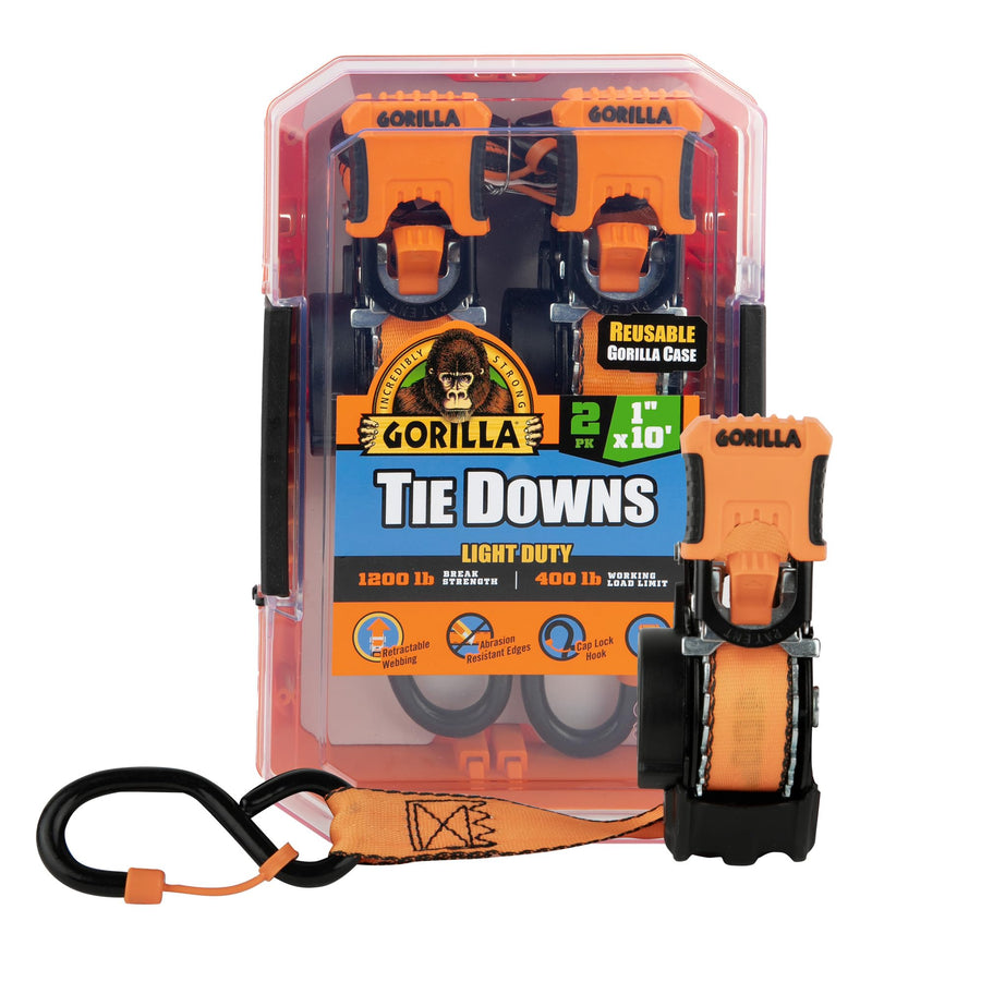 Gorilla Tie Down Ratchet Straps (2Pack) 1in x 10ft 1200lb Break Strength, Self-Locking Retractable, Heavy-Duty Orange Webbing, Gorilla-Grip Handles, Cap Locks, E-Coated Ratchets, Vinyl Hooks for Cargo