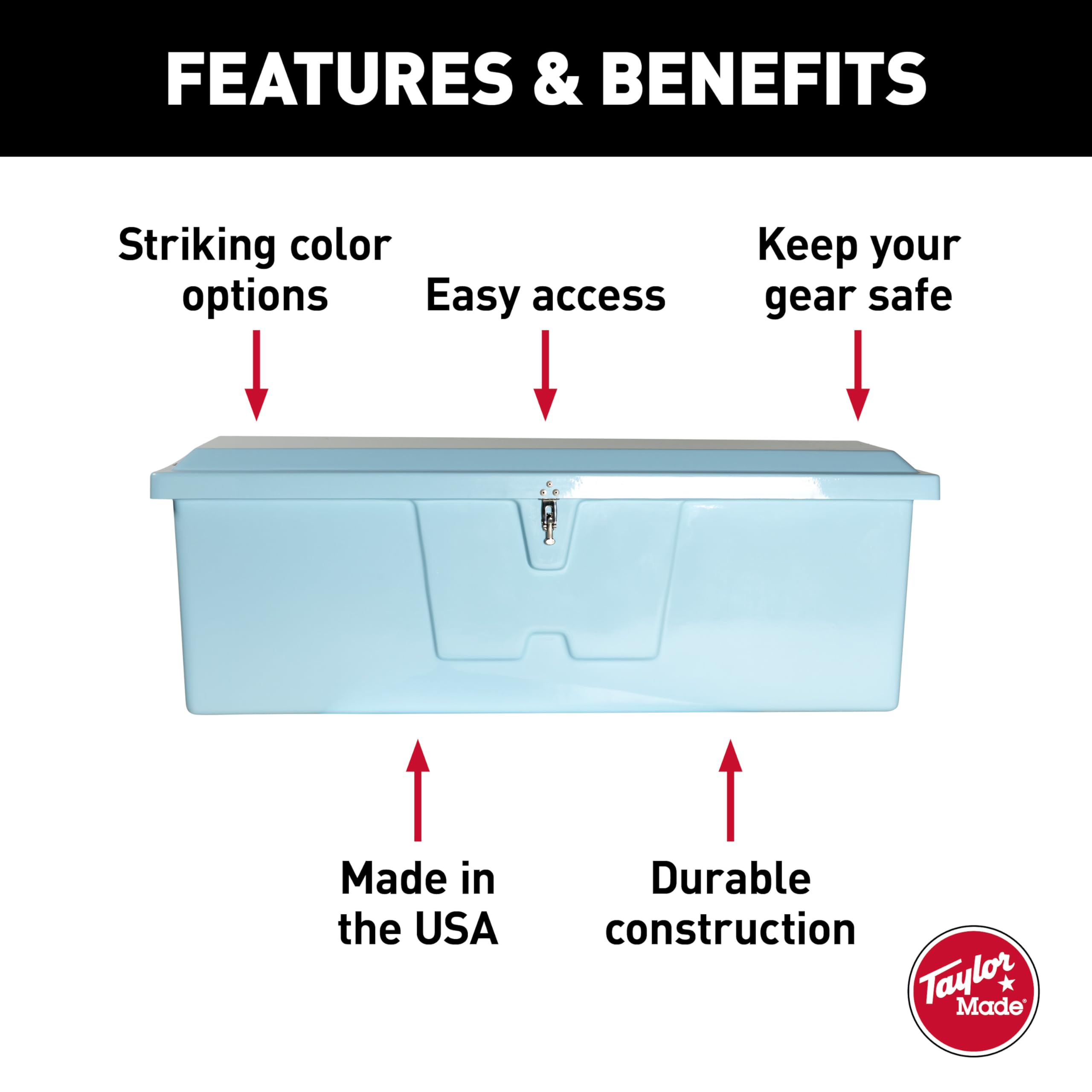 Taylor Made Standard Stow N’ Go Fiberglass Dock Box, Medium (24"H X 72"W X 23"D), Ice Blue, Smooth Interior Finish, Lockable Latch, Stainless-Steel Hardware - 83552IB