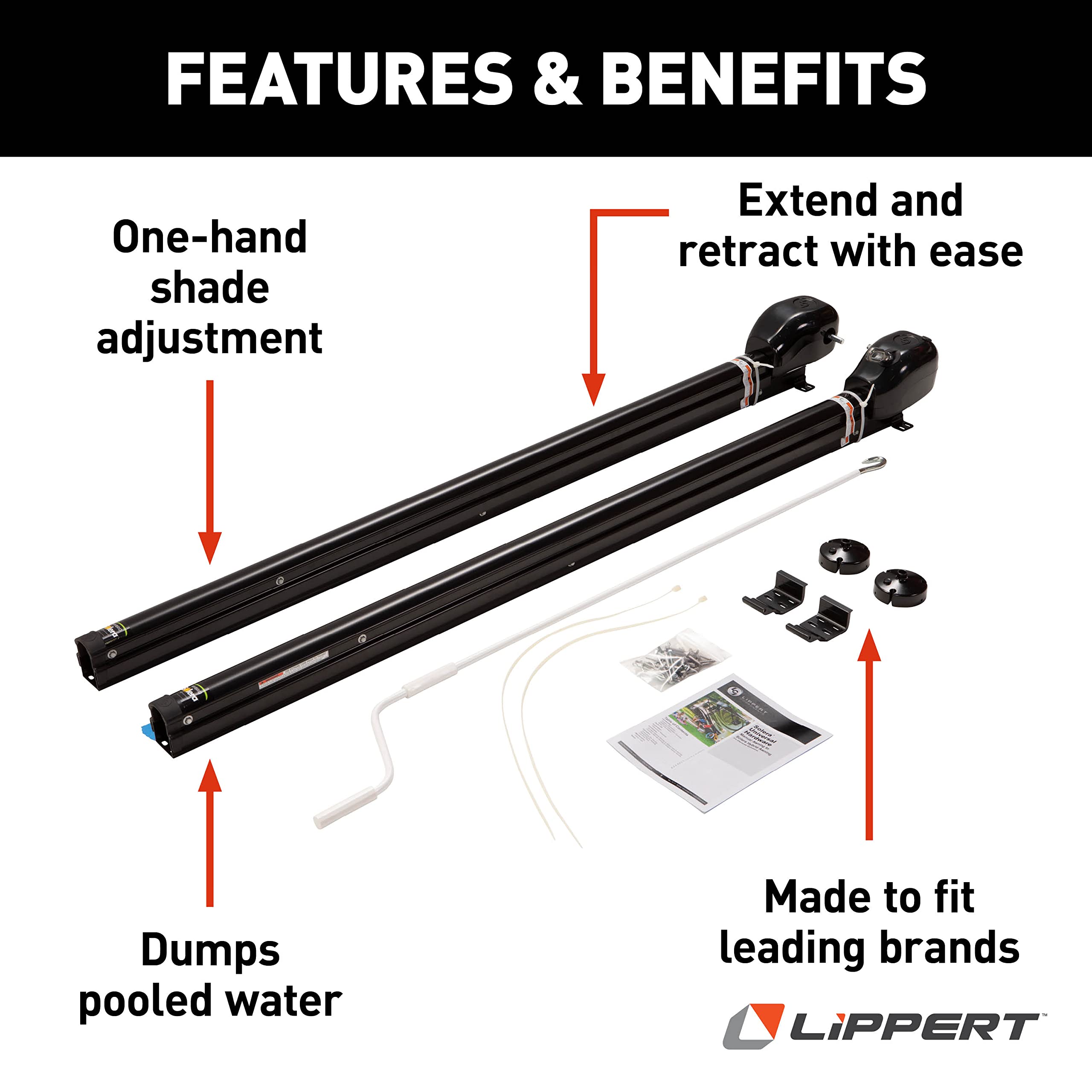 Hybrid Solera 69 in. Universal RV Awning Arms Hardware Kit, Easy to Install, Two-Position Pitch, Auto Rain Dump, Crank Wand, Installation Hardware Included, Simple One-Step Setup, Black - 434727