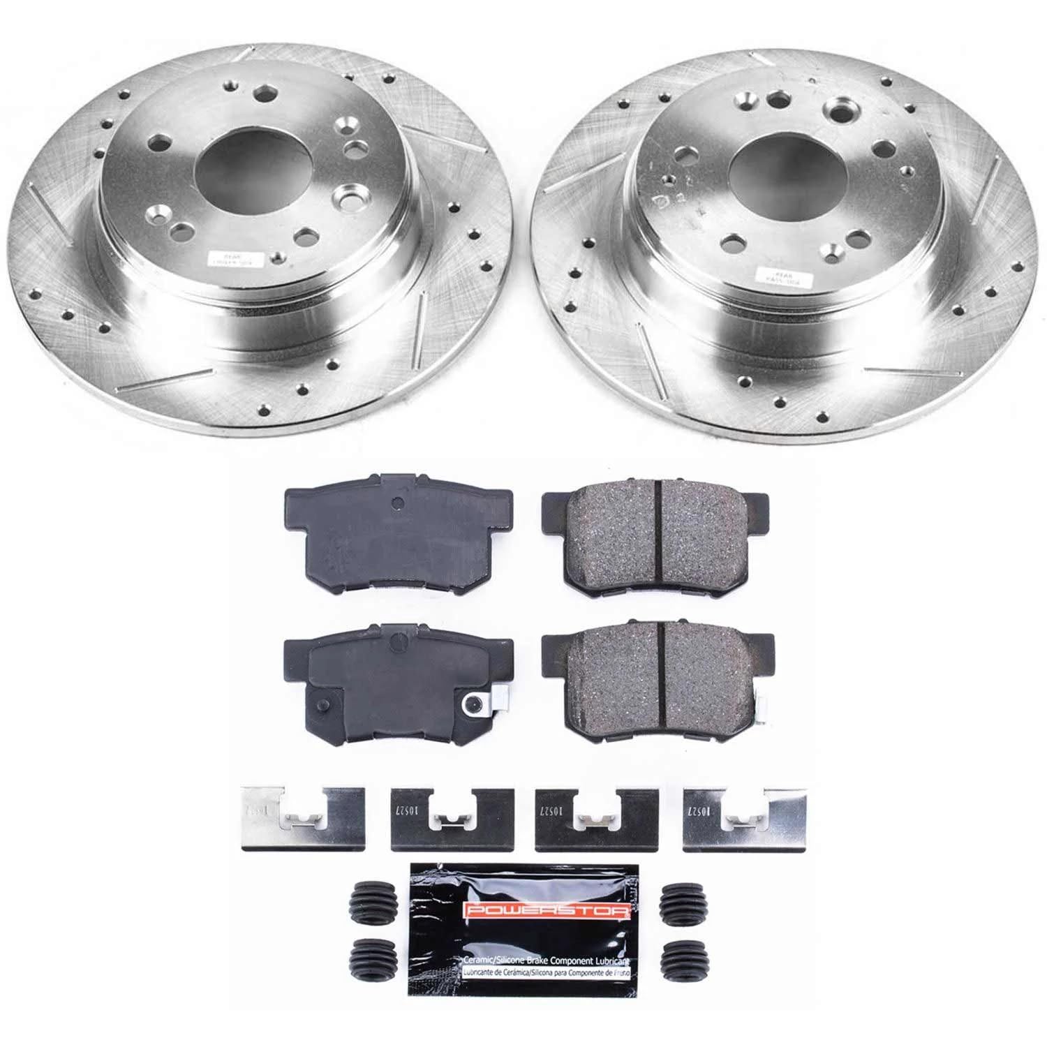 Power Stop K2308 Rear Brake Pads Z23 Carbon Fiber with Drilled & Slotted Brake Rotors Kit For Acura TL 1999-2003 [Model Specific]
