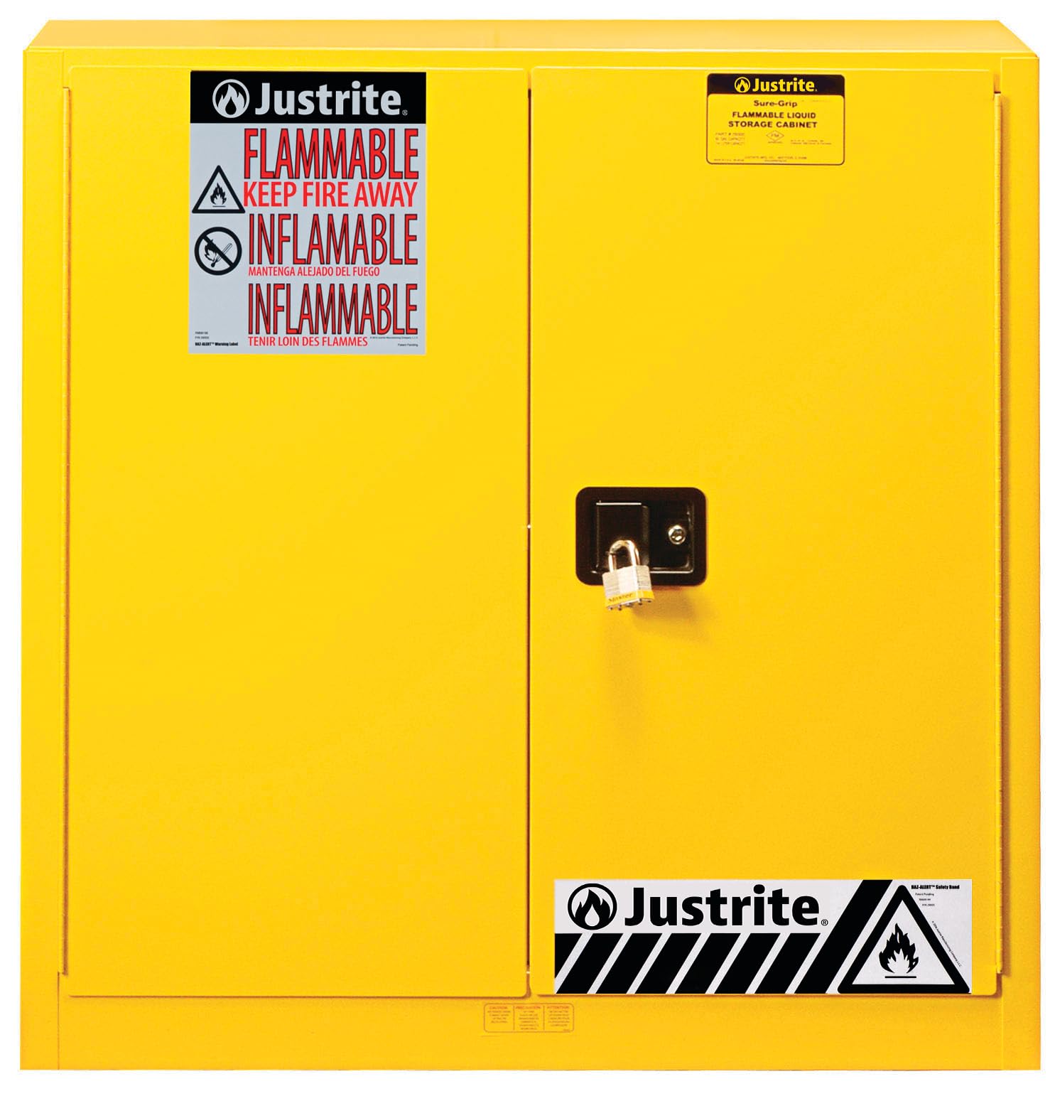 Justrite 40 Gallon Paint and Ink Manual Close Safety Cabinet, 18 Gauge Steel, 3 Shelves, 43" x 44" x 18", 2 Door Combustibles Cabinet, Made in The USA, Yellow, 893010