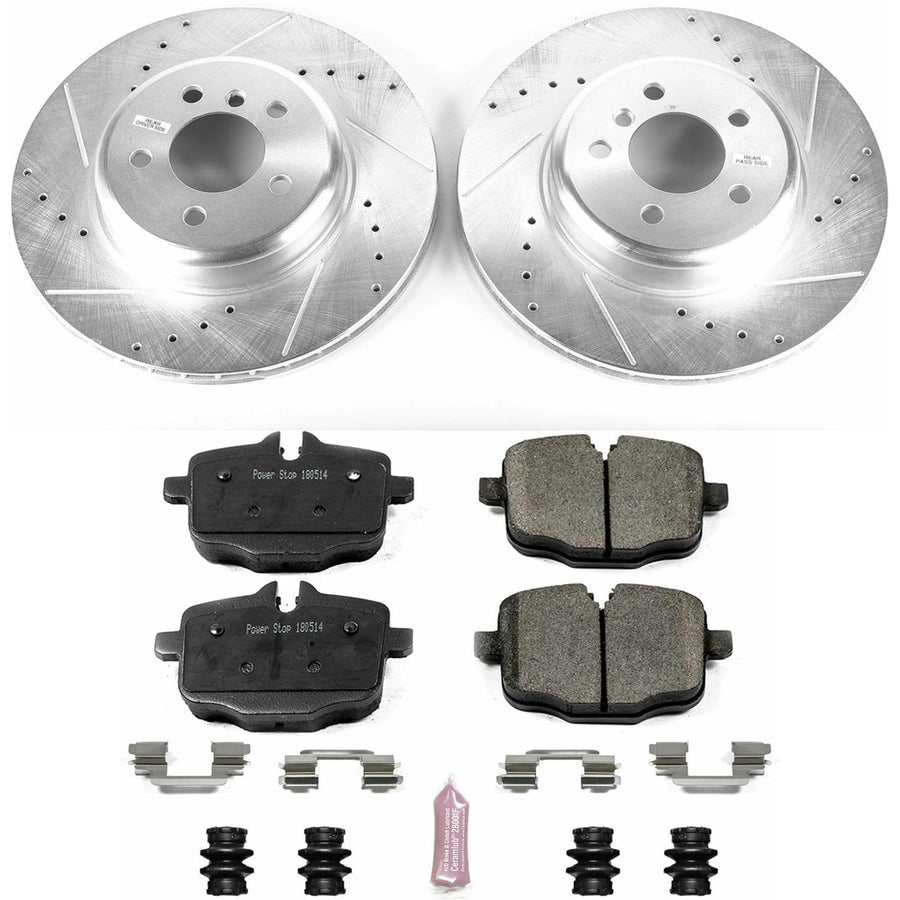 Power Stop K6037 Z23 Carbon Fiber Brake Pads Rear with Drilled & Slotted Brake Rotors Kit and 1 Rear Sensor Wire