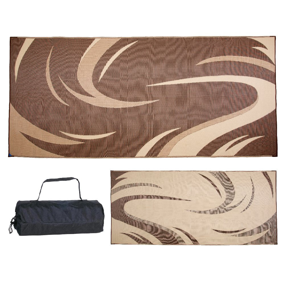 Camping Stylish SD8187 8-Feet x 18-Feet Graphic Swish RV Reversible Patio Mat, Brown/Tan