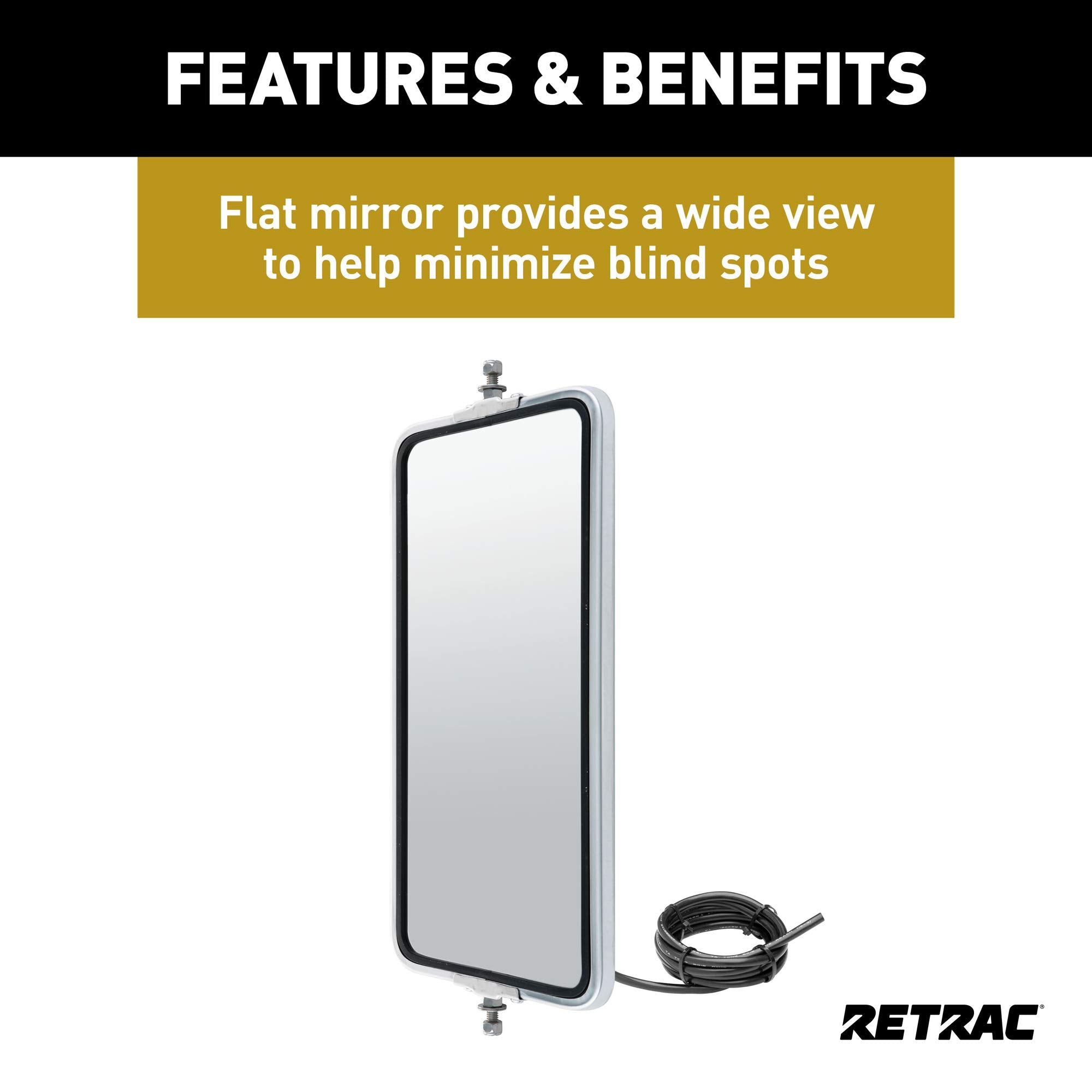 7 x 16-Inch Stainless Steel Rounded Angle-Back Heated West Coast Mirror Head RETRAC, Universal Driver or Passenger Side