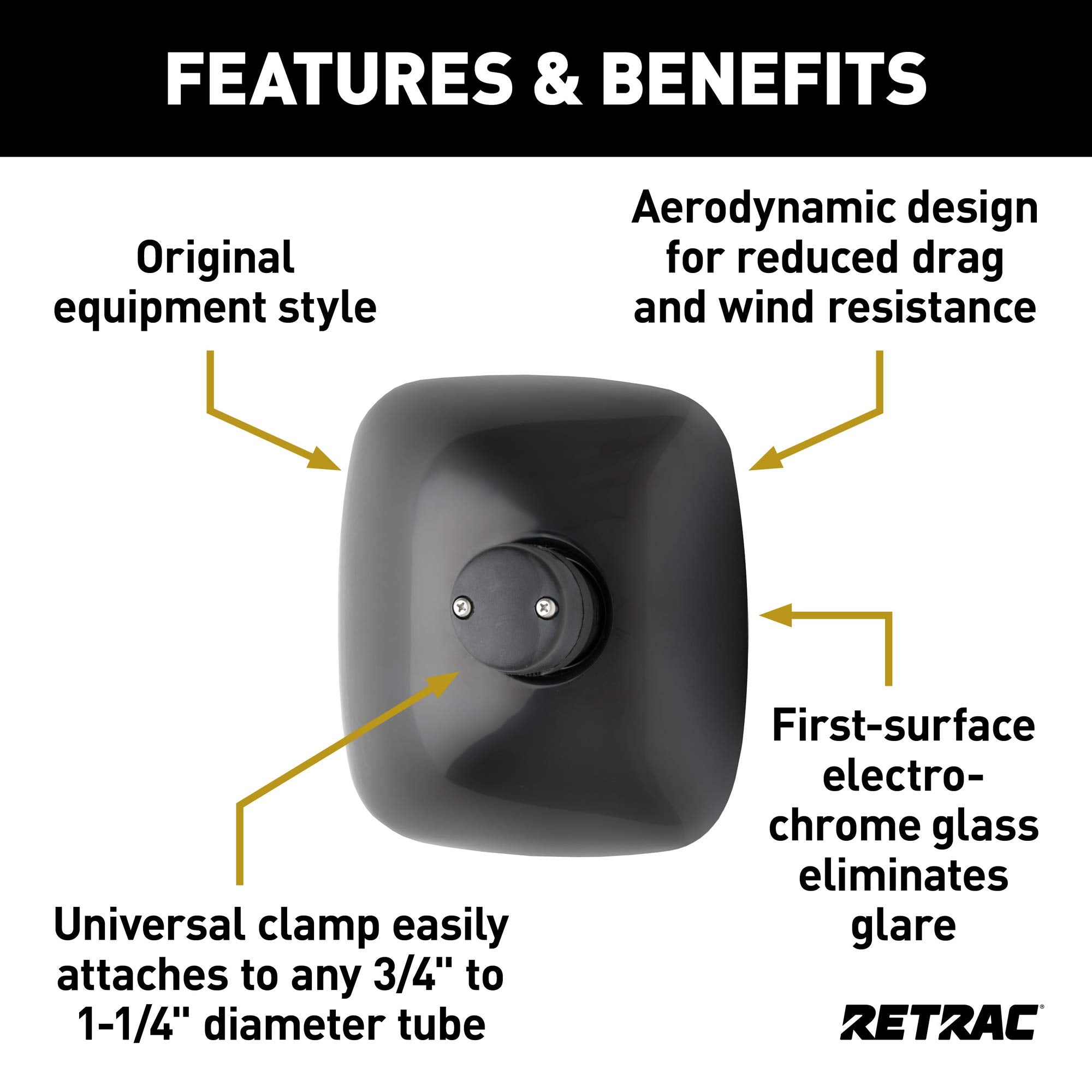 8-Inch Retrac Black Plastic Aerodynamic Convex Mirror Head, Fits 3/4 to 1-1/4-In Tube, Universal Driver or Passenger Side, Chrome