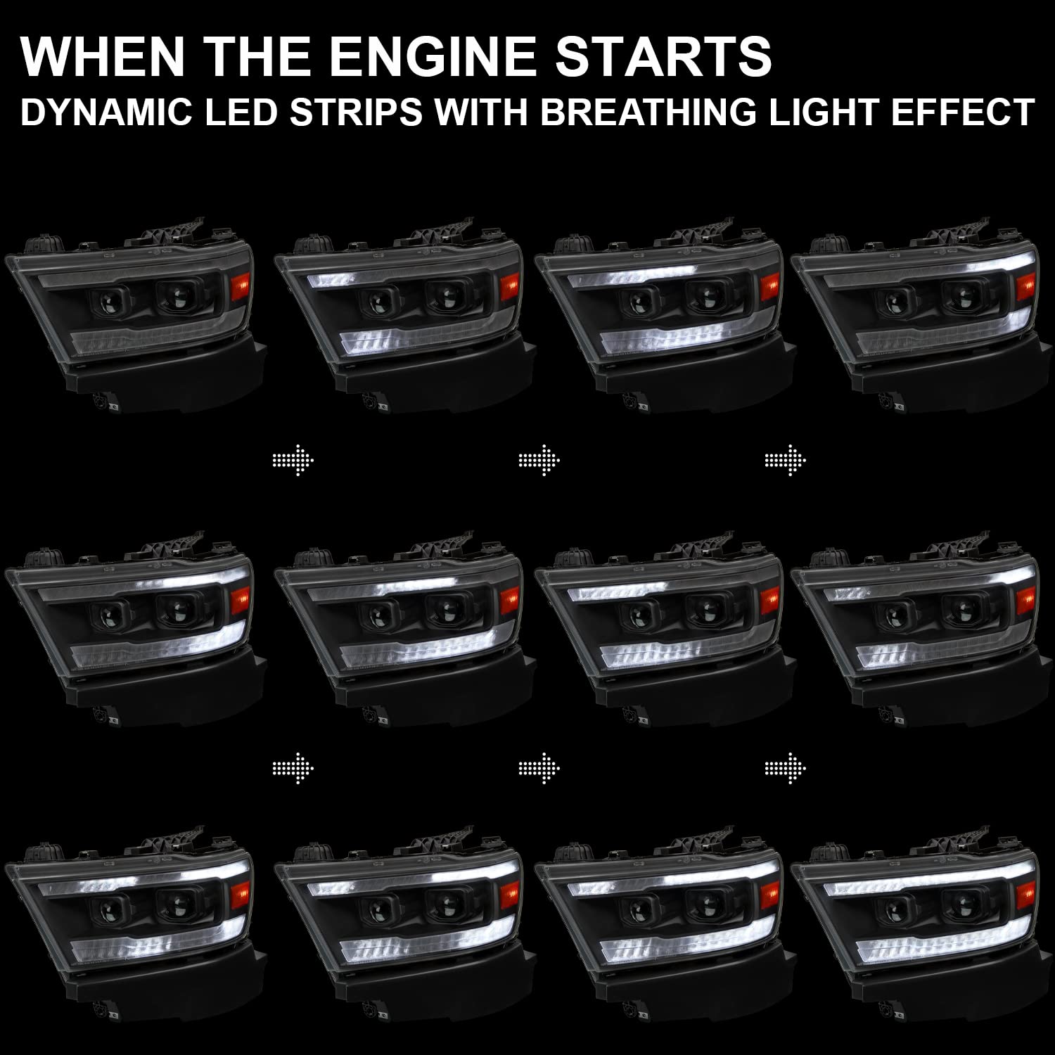 Black SPEC-D TUNING Projector Headlights w/Sequential LED Tube Signal and Startup Animation Compatible with 2019-2024 Ram 1500, Left + Right Pair Headlamps Assembly