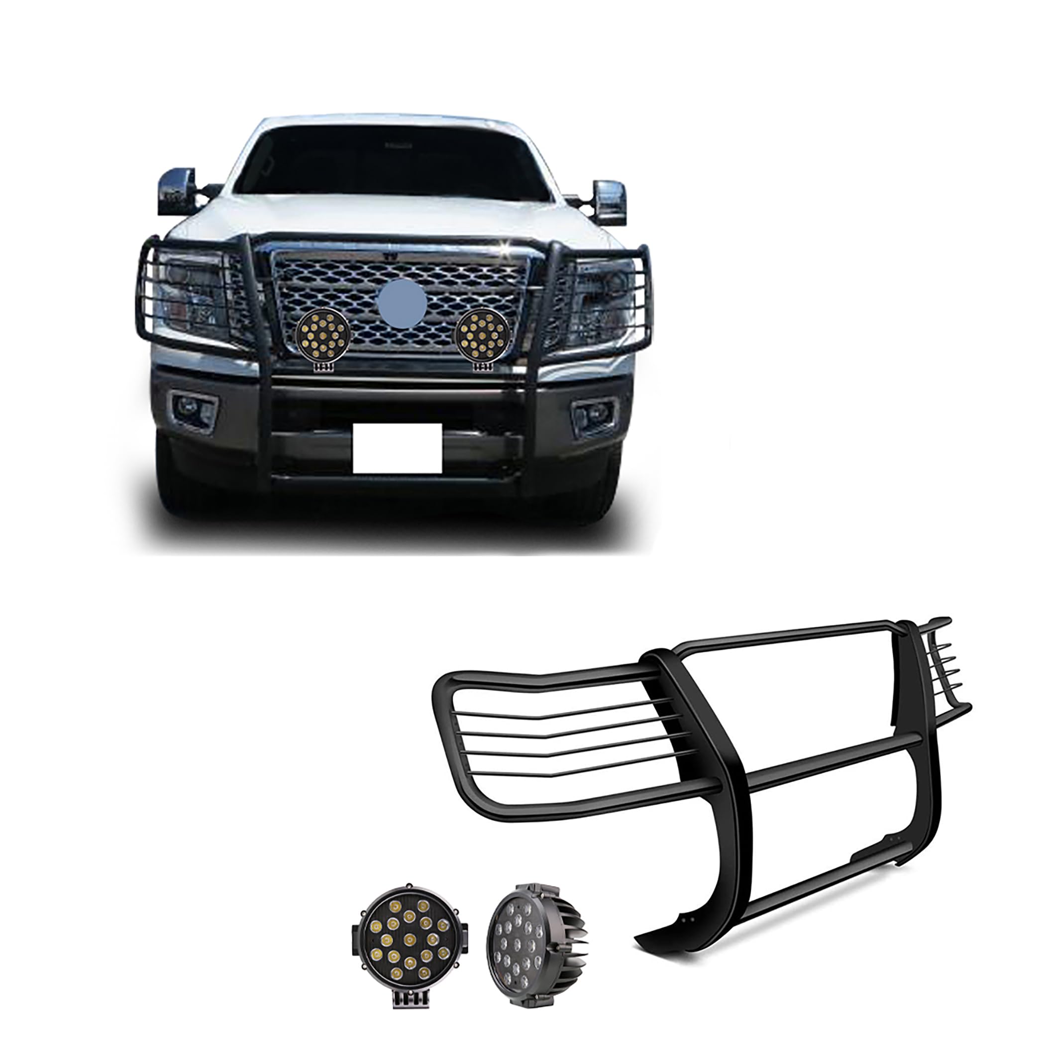 Bumper Guard Black Horse Grille brush Come With pair of 7.0"Dia.LED Lights with Black Trim Rings Compatible with 2016-2024 Nissan Titan XD-17NR28MA-PLB