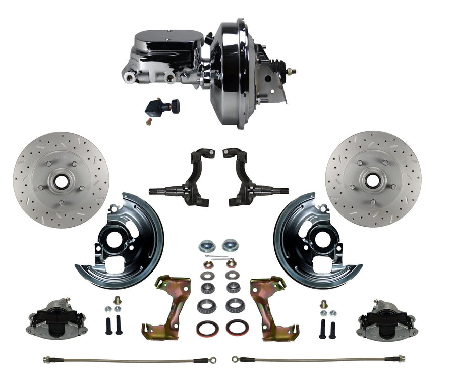 Power Front Disc Brake Conversion Kit LEED BRAKES Cross Drilled And Slotted Rotors With 9" Chrome Booster Flat Top Chrome M/C Adjustable Proportioning Valve