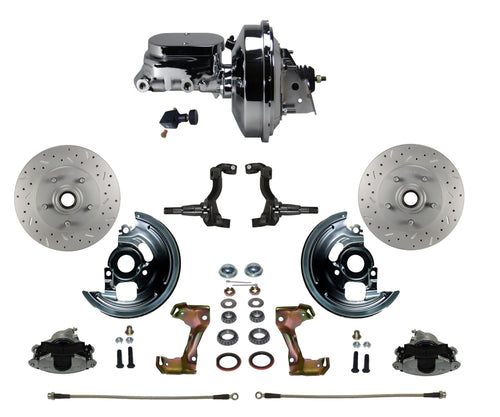 Power Front Disc Brake Conversion Kit LEED BRAKES Cross Drilled And Slotted Rotors With 9" Chrome Booster Flat Top Chrome M/C Adjustable Proportioning Valve