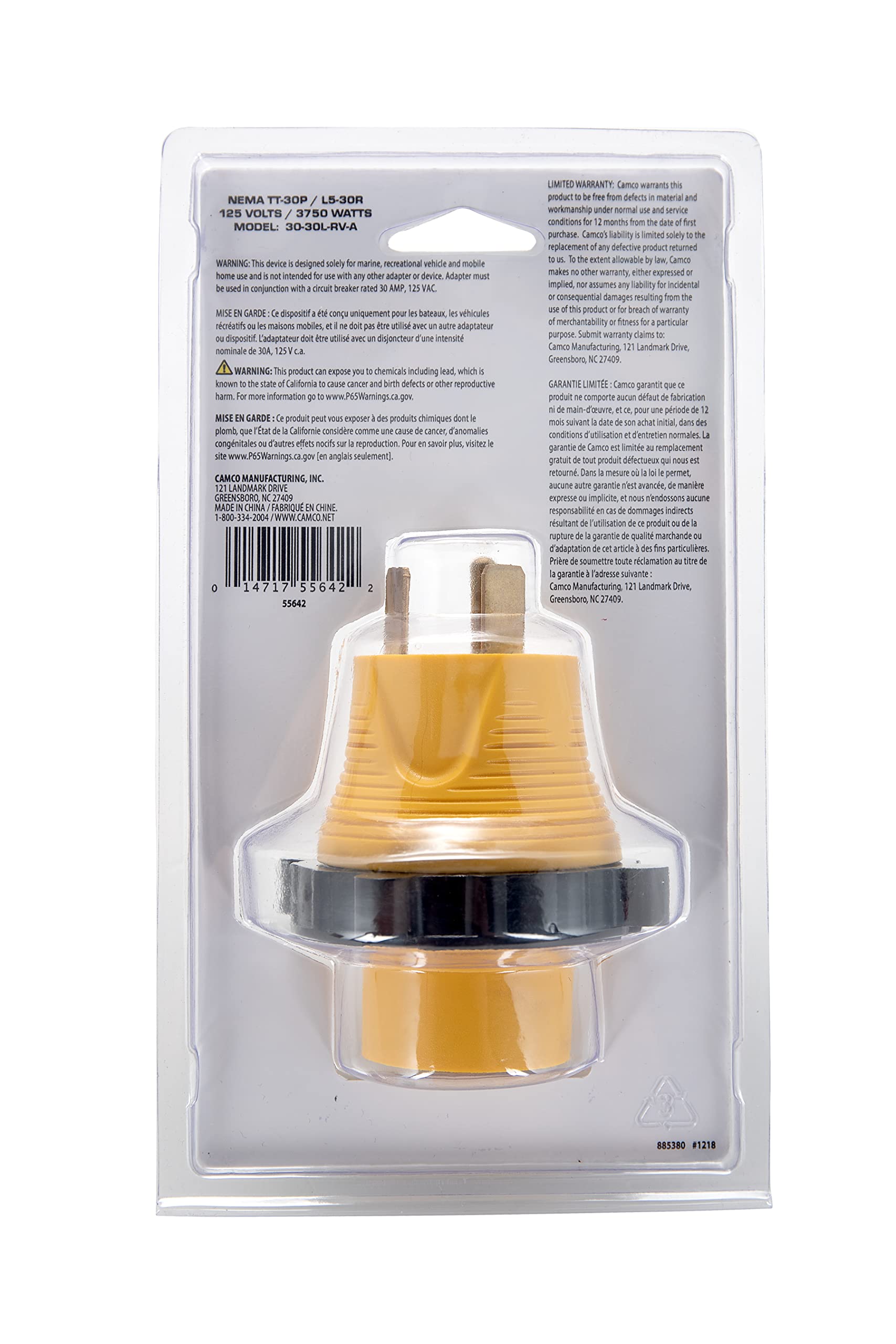 Camco 30A-30A Power Grip RV/Camper Locking Adapter | Compatible with 30-Amp Locking Plugs | Weatherproof Connection | Easy Outlet Removal | 125 Volt / 3750 Watt (55642)