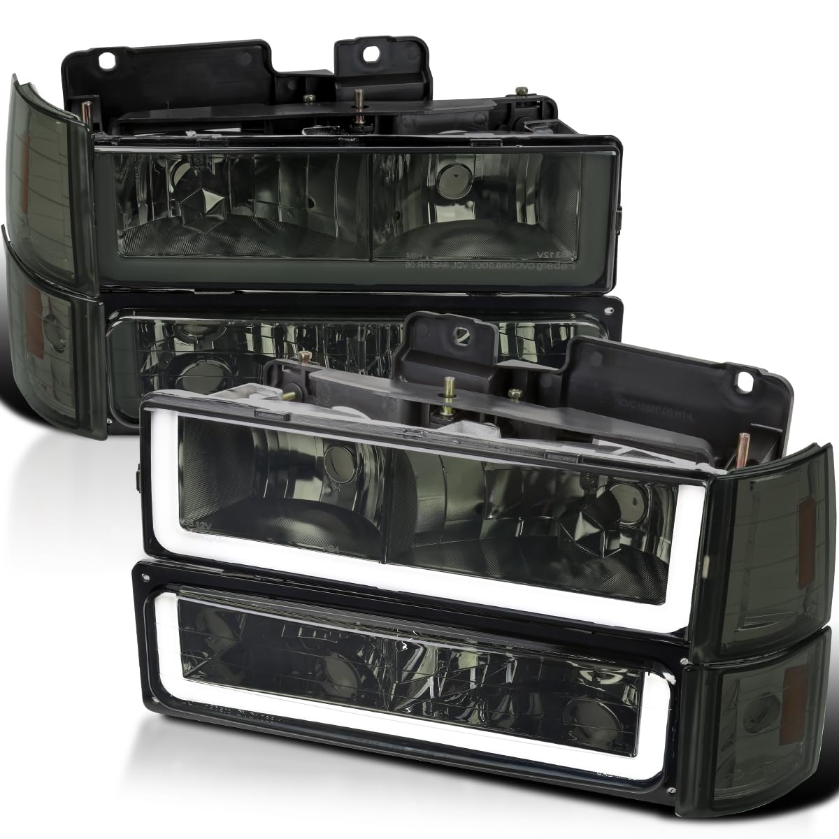 Smoke LED Bar Headlights + Bumper Lights + Corner Lights SPEC-D TUNING Compatible with 1994-1998 GMC C10 C/K Suburban Sierra, Left + Right Pair Headlamps Assembly