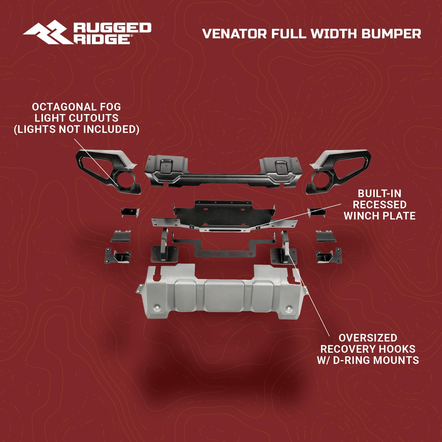 Venator Rugged Ridge Bumper, Front for Jeep Wrangler/Gladiator | Full Width w/Winch Tray, Steel, Black | 11549.42 | Fits 2018-2025 Jeep Wrangler JL; 2020-2025 Jeep Gladiator JT