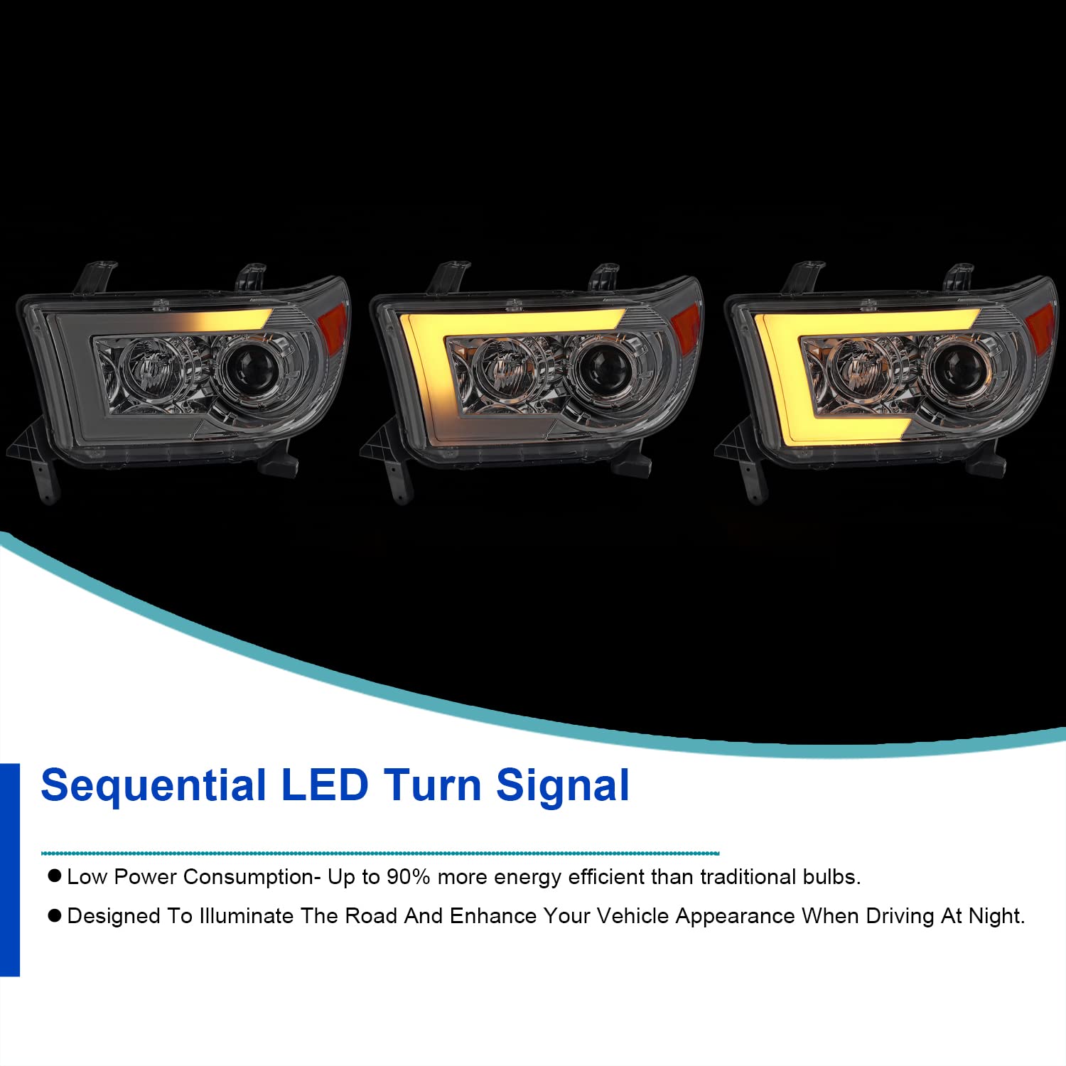 Chrome Projector Headlights SPEC-D TUNING w/LED Sequential Signal Compatible with 2007-2013 Toyota Tundra, 2008-2017 Toyota Sequoia, Left + Right Pair Headlamps Assembly