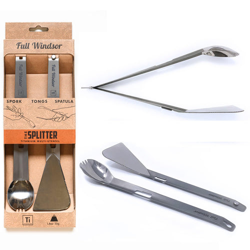 The Splitter - FULL WINDSOR Titanium Multi-Utensil Set – Compact, Lightweight Silver Spork, Tongs, Spatula & Ladle – Durable Cooking Kit for Camping, BBQ, Backpacking, Travel & Outdoor Adventures