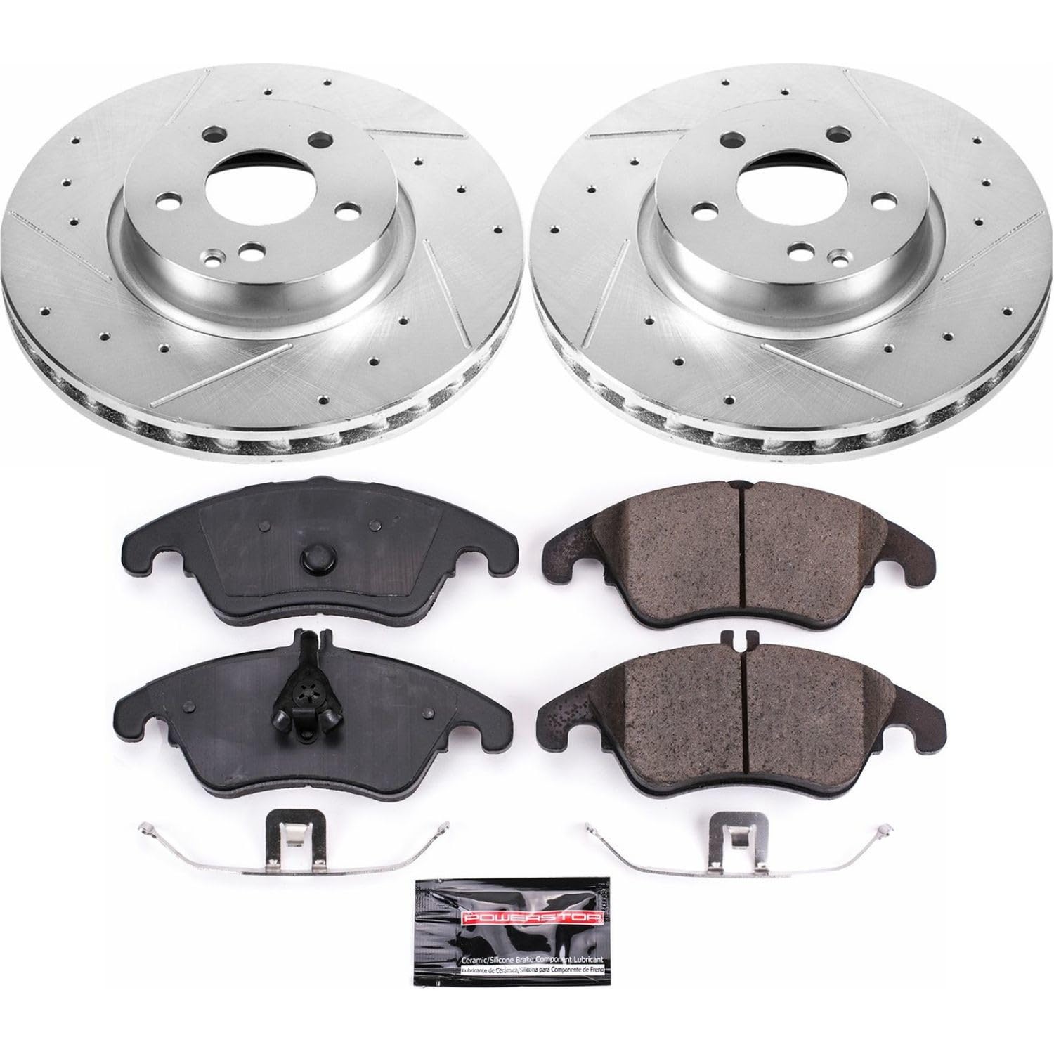 Power Stop K5792 Z23 Carbon Fiber Brake Pads Front with Drilled & Slotted Brake Rotors Kit and 1 Front Sensor Wire For C300, C350, E250, E350, E400, SLC300, SL [Model Specific]