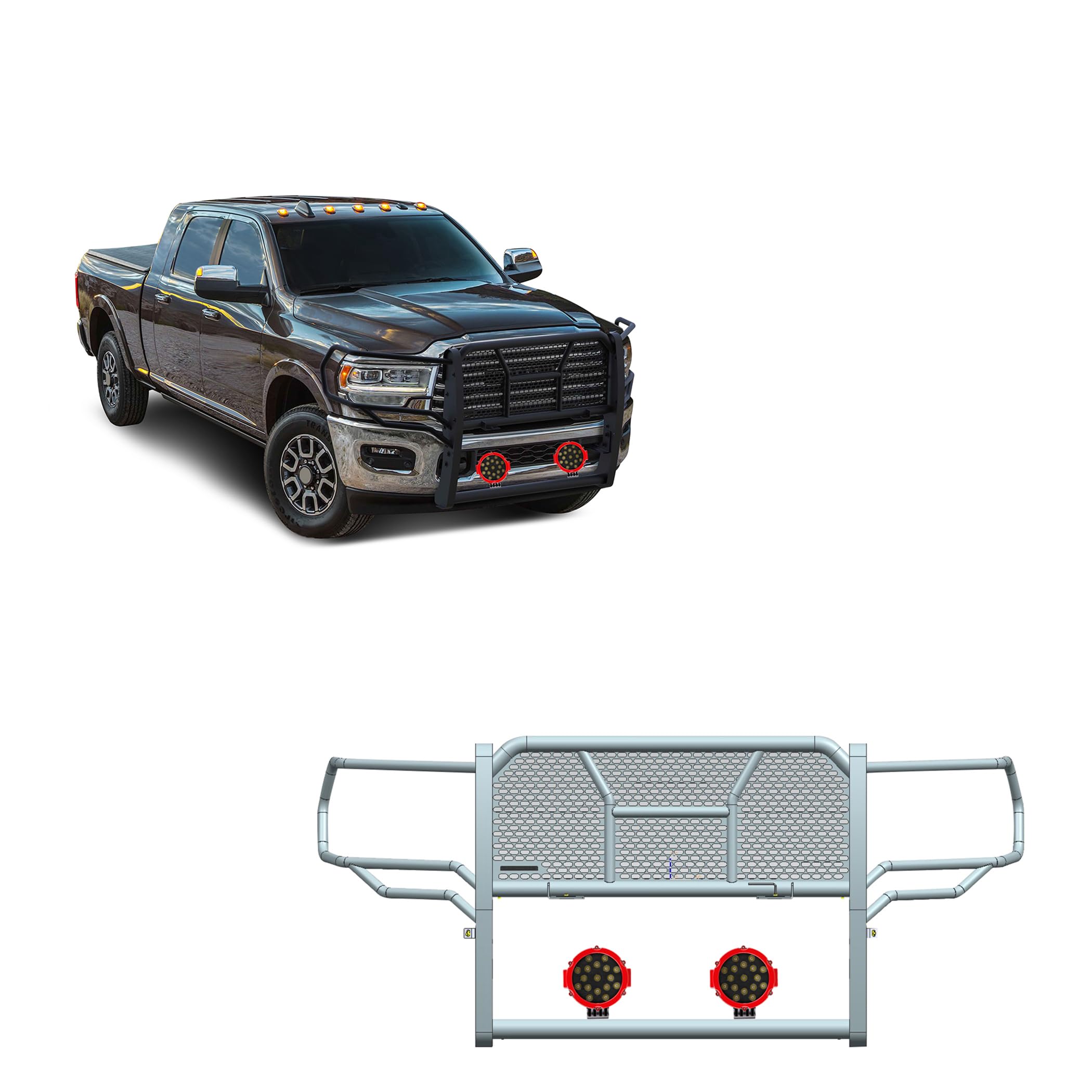 Heavy Duty Black Horse Rugged Grille Brush Bumper Guard Modular Come with Pair of 7.0" Dia.LED Lights with Red Trim Rings Compatible with 2019-2024 Ram 2500|2019-2024 Ram 3500-RU-DORA20-B-PLR