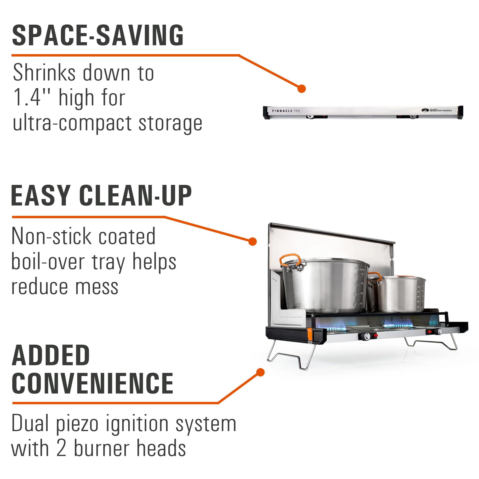 GSI Outdoors 2-Burner Pinnacle Pro Camping & Tailgating Stove, Ultra-Slim Portable Propane, 25,000 BTU, Windscreens, Folding Legs, Outdoor Cooking