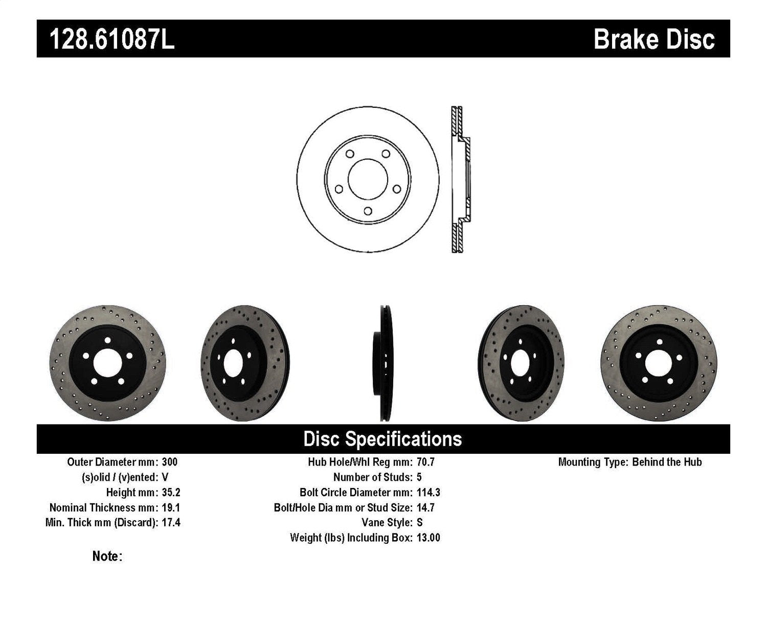 Rear Left StopTech 128.61087L Sport Cross Drilled Brake Rotor