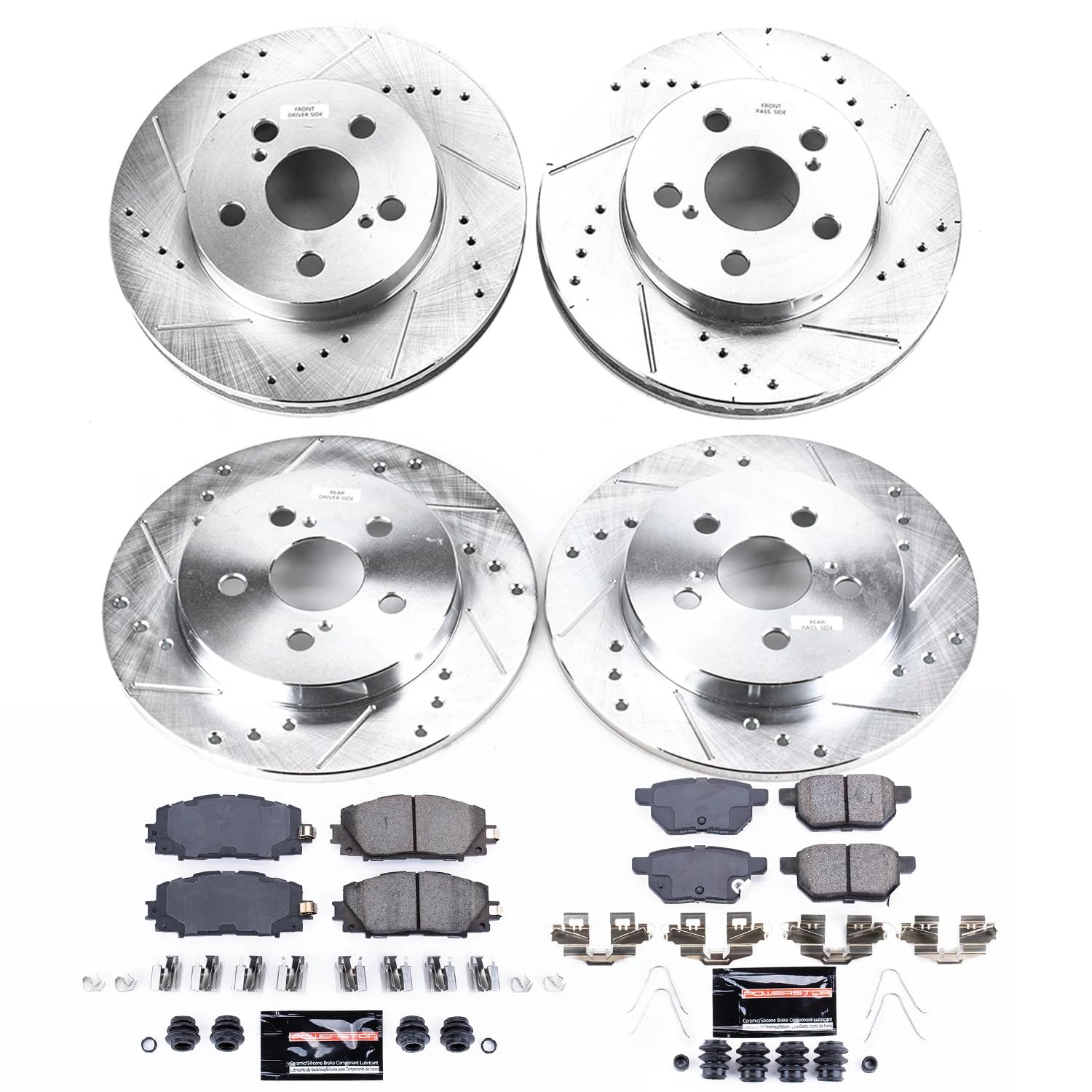 Power Stop K7632 Z23 Carbon Fiber Brake Pads Front and Rear with Drilled & Slotted Brake Rotors Kit For Toyota Prius 2016-2022 [Model Specific]