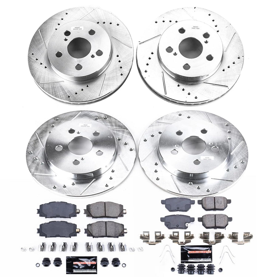 Power Stop K7632 Z23 Carbon Fiber Brake Pads Front and Rear with Drilled & Slotted Brake Rotors Kit For Toyota Prius 2016-2022 [Model Specific]