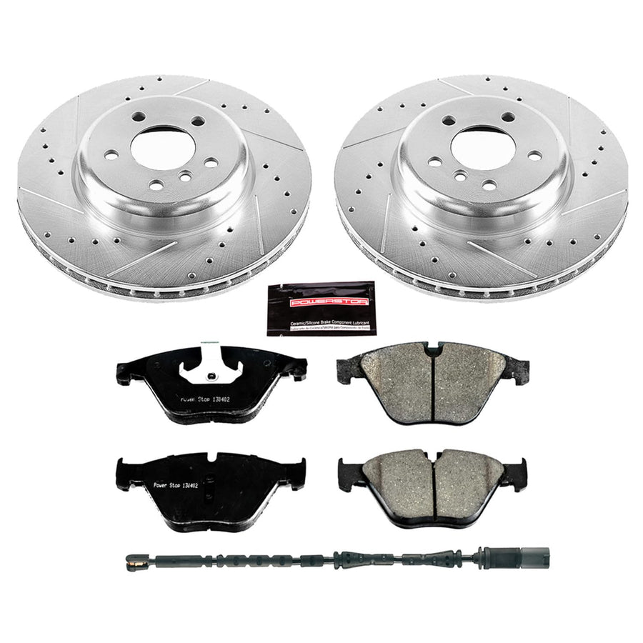 Power Stop K6020 Z23 Carbon Fiber Brake Pads with Drilled & Slotted Brake Rotors Kit and 1 Front Sensor Wire