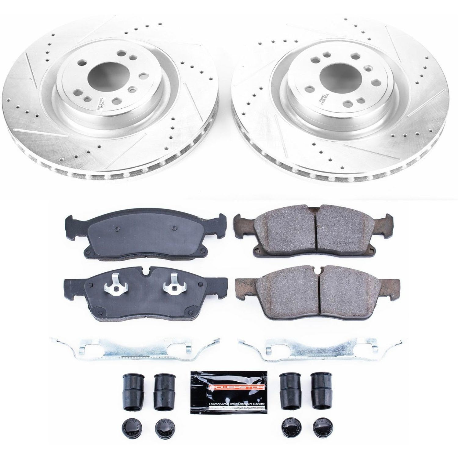 Power Stop K6903 Z23 Carbon Fiber Brake Pads with Drilled & Slotted Brake Rotors Kit and 1 Front Sensor Wire For GL350, GL450, GLE400, GLE, GLS3, GLS450, M [Model Specific]